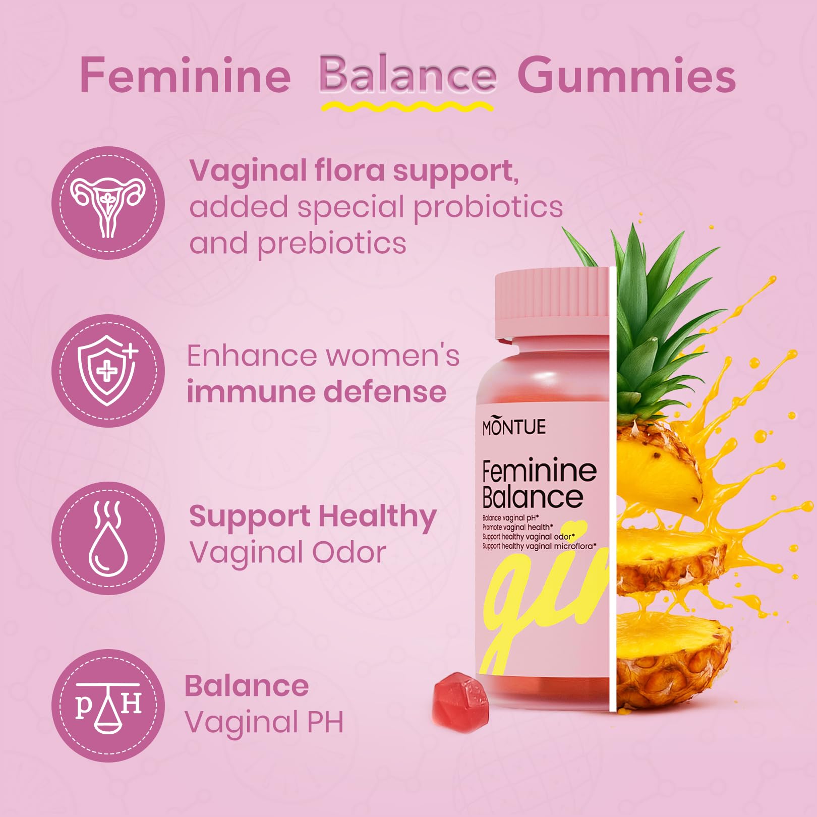 Montue Premium Diamond Feminine Balance Gummies-pH Balance with Prebiotics & Lactobacillus Probiotic Blend&Hawaiian Pineapple Immune Support,Vegan& Non-GMO（30 Gummies） Montue buy supplements canada