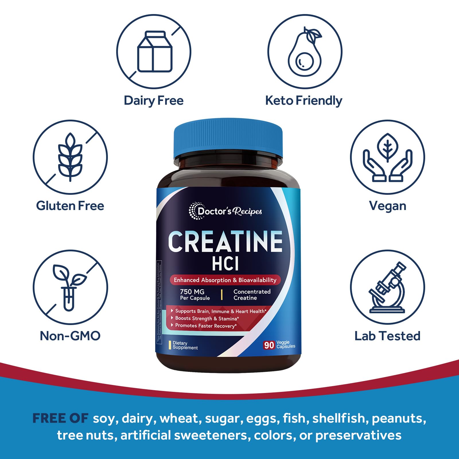 Doctor's Recipes Creatine HCl Capsules, 750 mg, Creatine Hydrochloride for Women & Men, Strength & Recovery, Brain Health, Fast Absorbing, Vegan, 90 Capsules Doctor's Recipes buy supplements canada