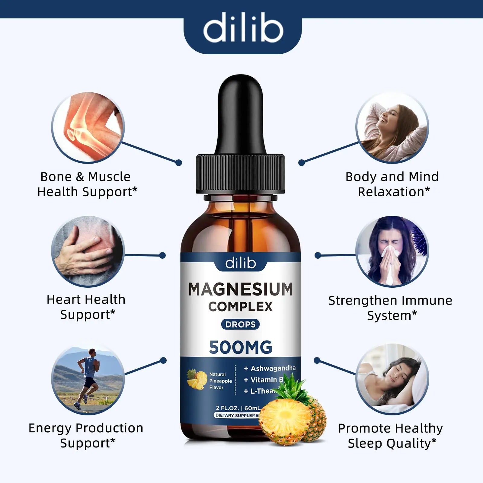 Triple Magnesium Complex Supplement-Magnesium Glycinate, Citrate, Malate Liquid Drops 500mg with Ashwagandha, L-Theanine, Vitamin B6 for Calm, Stress Relief, Sleep, Muscle Support-Pineapple Flavor dilib buy supplements canada