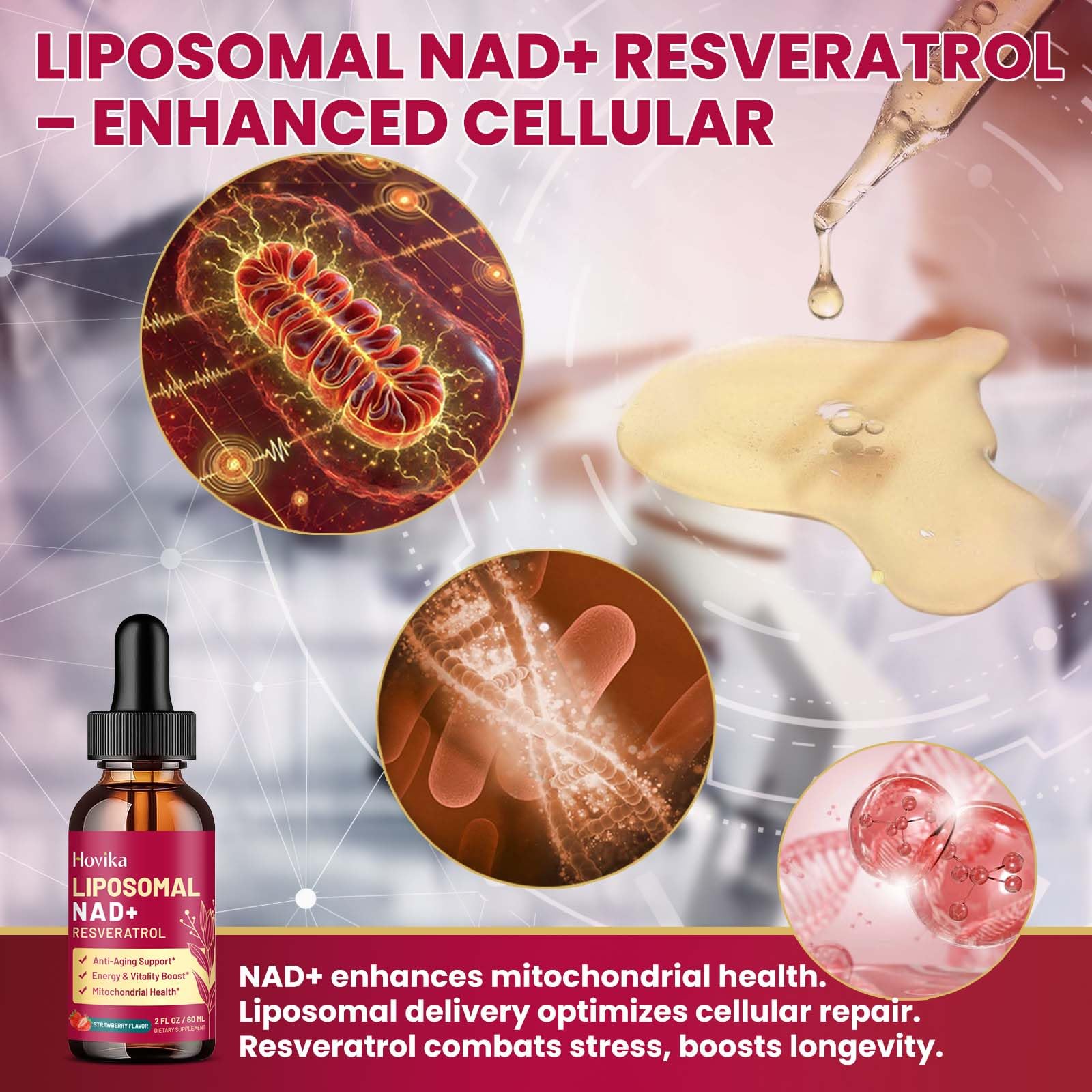 Liposomal NAD Supplement - 1200mg NAD+ Liquid Drops for Women & Men with Resveratrol, Black Pepper Extract - Support Anti-Aging, Brain & Cellular Mitochondrial Health - 2 Fl Oz, Strawberry Flavor Hovika buy supplements canada
