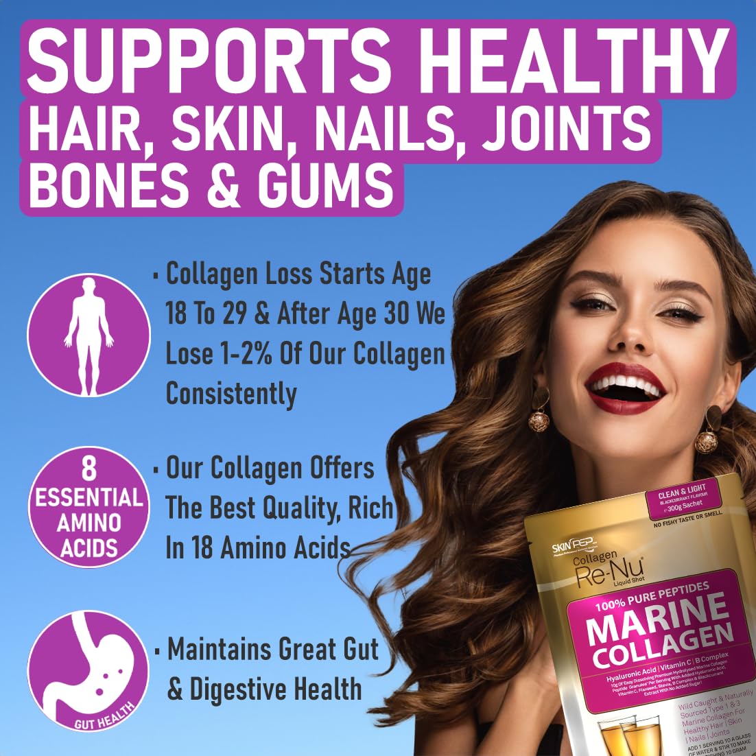 Premium Hydrolysed Marine Collagen Peptide Powder + VIT C, B Complex Hyaluronic Acid, & Stevia. Delicious Taste/No Fishy Smell - SkinPep® Collagen Re-Nu 300g - 30 Days Supply SkinPep buy supplements canada