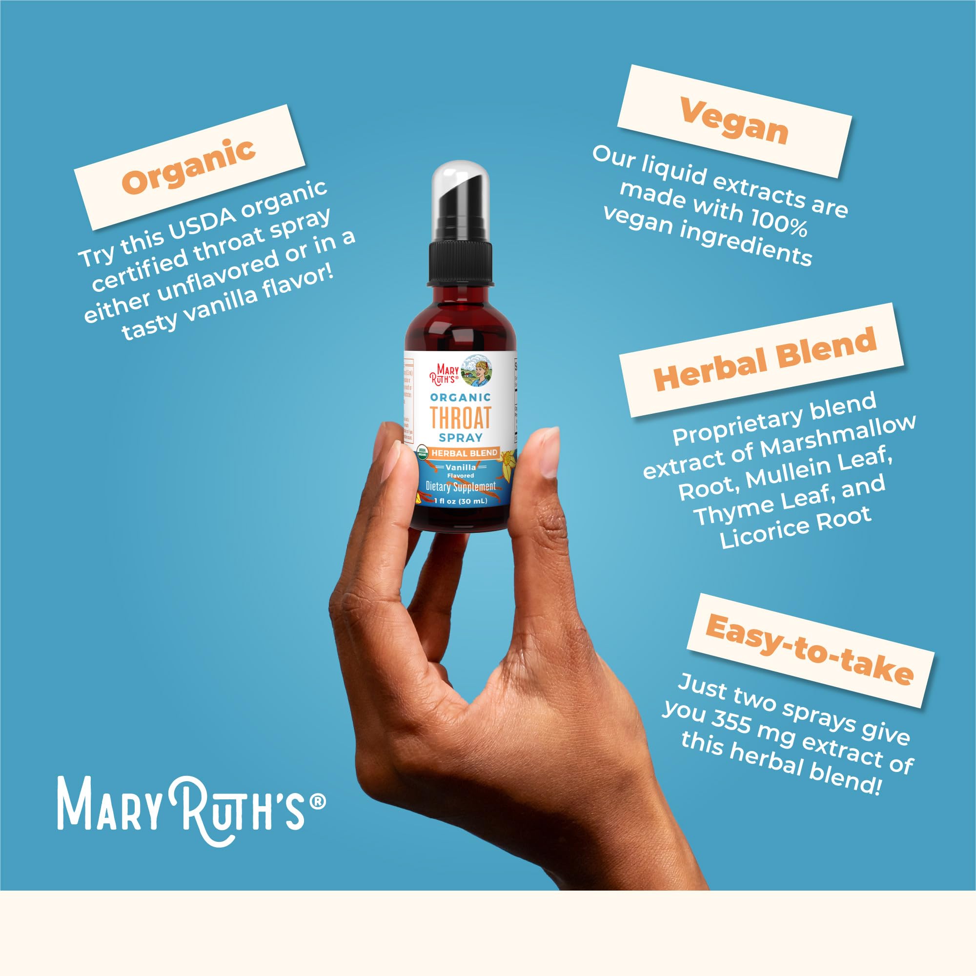 MaryRuth Organics USDA Organic Throat Spray with Mullein Leaf | Marshmallow Root & Licorice Root & Thyme Leaf | Vanilla | 4 Herbal Blend | Non-GMO | Vegan | Gluten Free | 1 Fl Oz | Up to 100 Servings MARYRUTH'S buy supplements canada