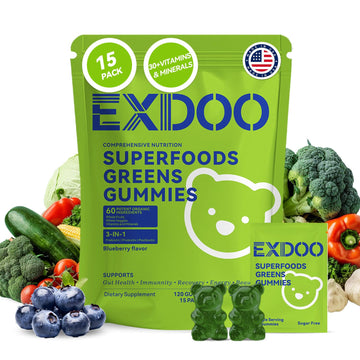 exdoo Super Greens Fiber Gummies Multivitamin Superfood Gummy with Spirulina Chlorella Prebiotic Probiotic Postbiotic for Digestive Health Supplement 15 Packs 120 Gummies exdoo buy supplements canada
