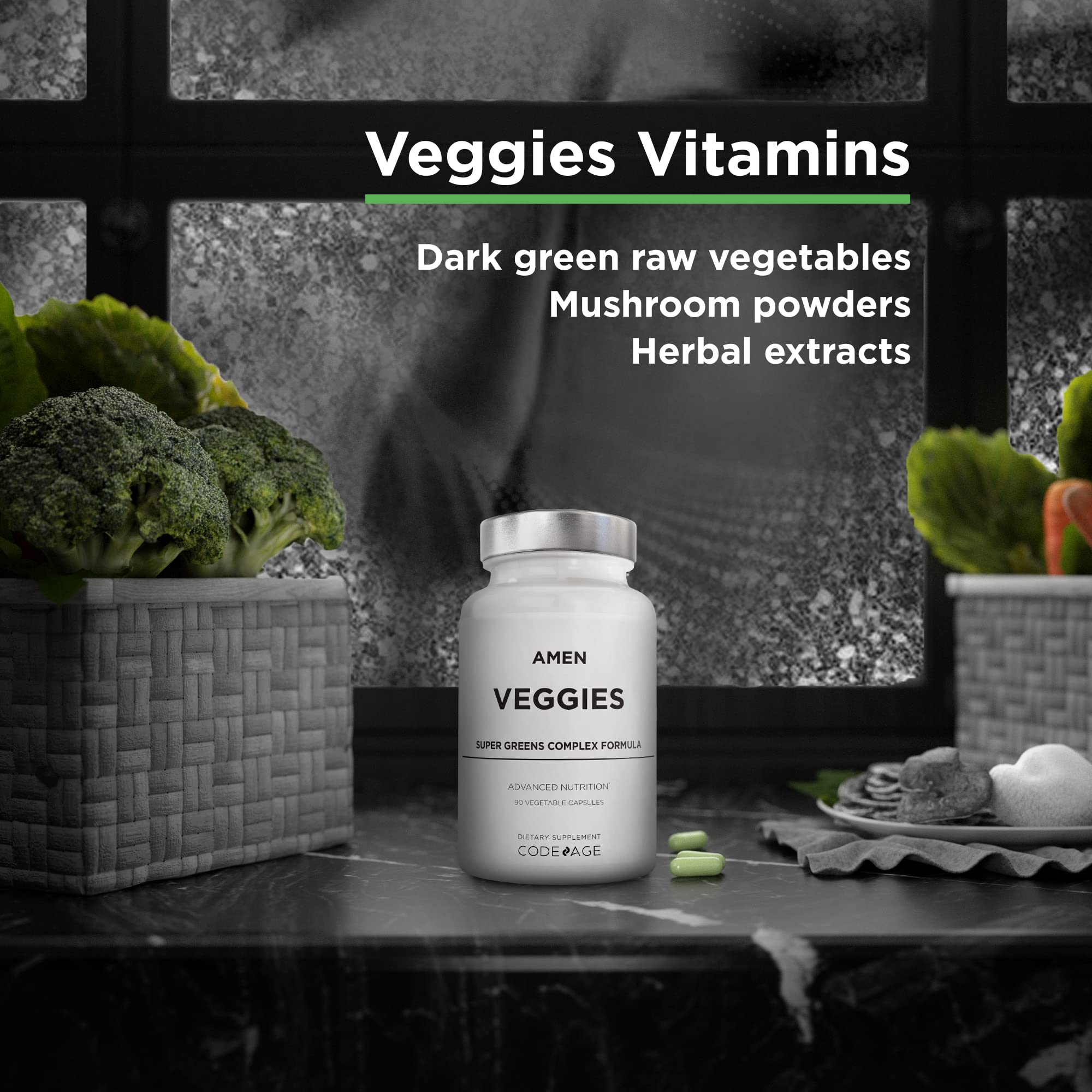 Amen Veggies, Daily Veggies Vitamins Supplement, Vegetables Vegan Blend & Whole-Food Raw Greens Multivitamin Capsules, Mushroom Complex, Superfood, Minerals, Green Vegetable Nutrients, Non-GMO, 90 ct Amen buy supplements canada