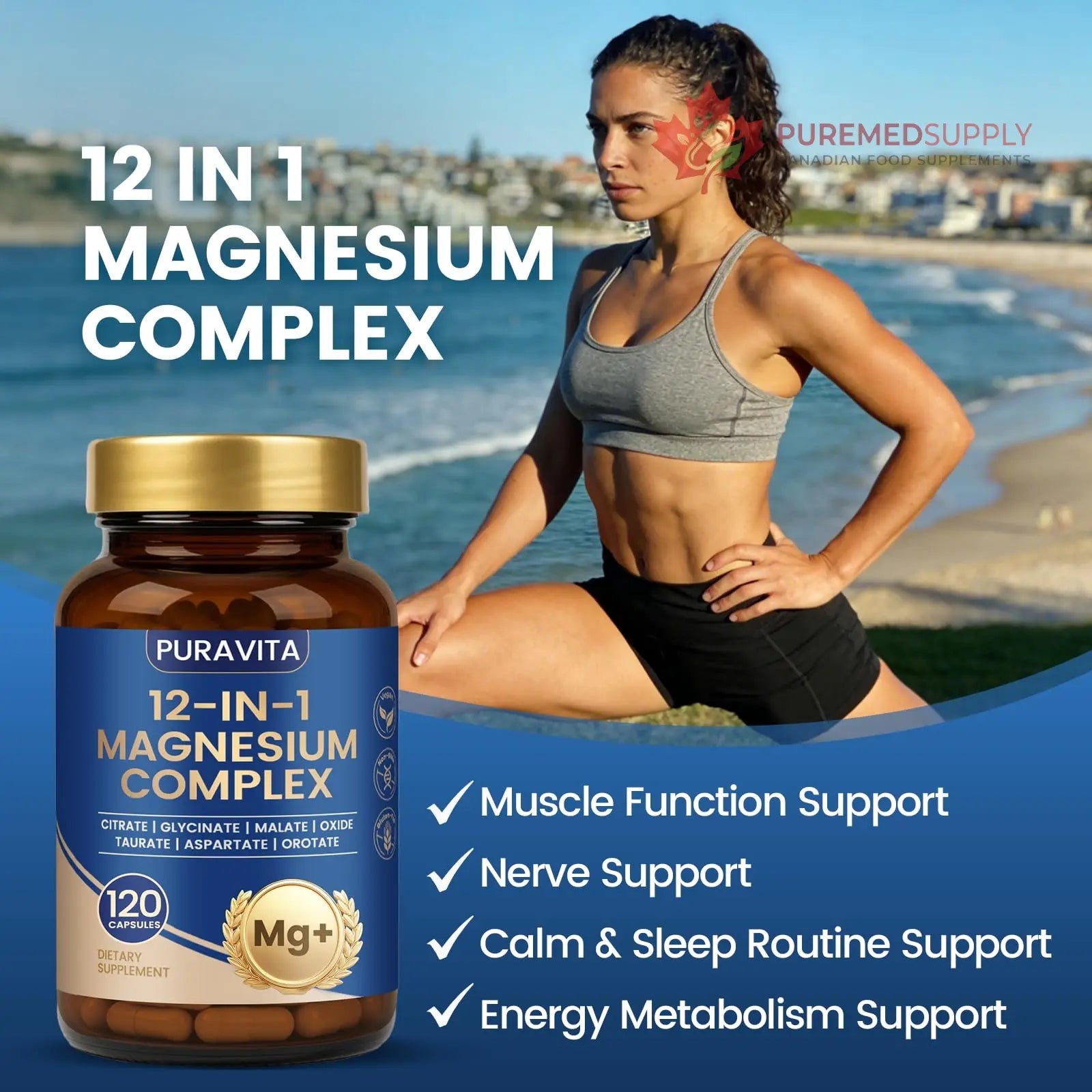 Puravita Magnesium Complex - Puravita 12 in 1 Magnesium Supplement with Glycinate, Citrate, Malate, Oxide, Taurat & More for Muscle, Nerve & Sleep Support, 120 Count PURAVITA buy supplements canada