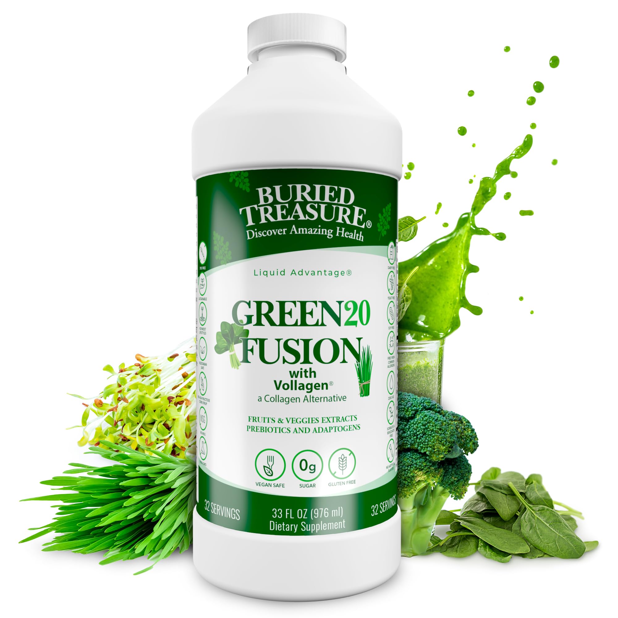 Buried Treasure Green20 Fusion – Superfood Blend with Vollagen for Skin, Hair, and Joint Support, Plant-Based, Vegan, Non-GMO Gluten-Free, Dairy-Free, Soy-Free, 32oz Liquid Buried Treasure buy supplements canada