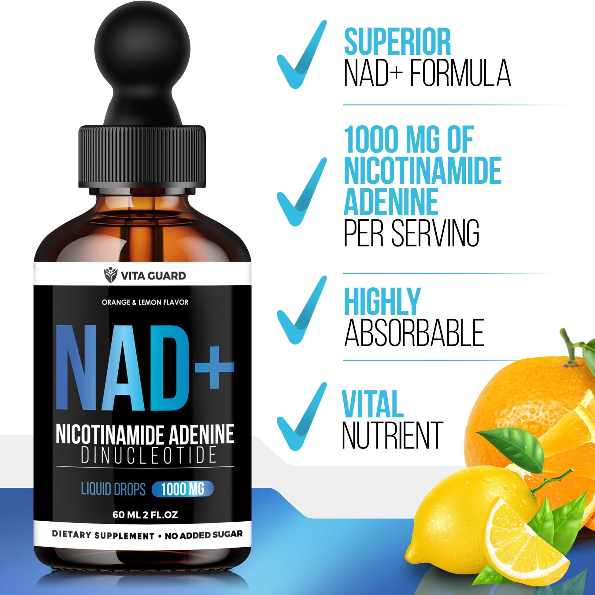 Vita Guard Pure NAD+ Supplements 1000mg Liquid Drops for Women & Man | Nicotinamide Adenine Similar to Nicotinamide Riboside NAD Plus Boosting Supplement - Natural Lemon & Orange Flavor Vita Guard buy supplements canada