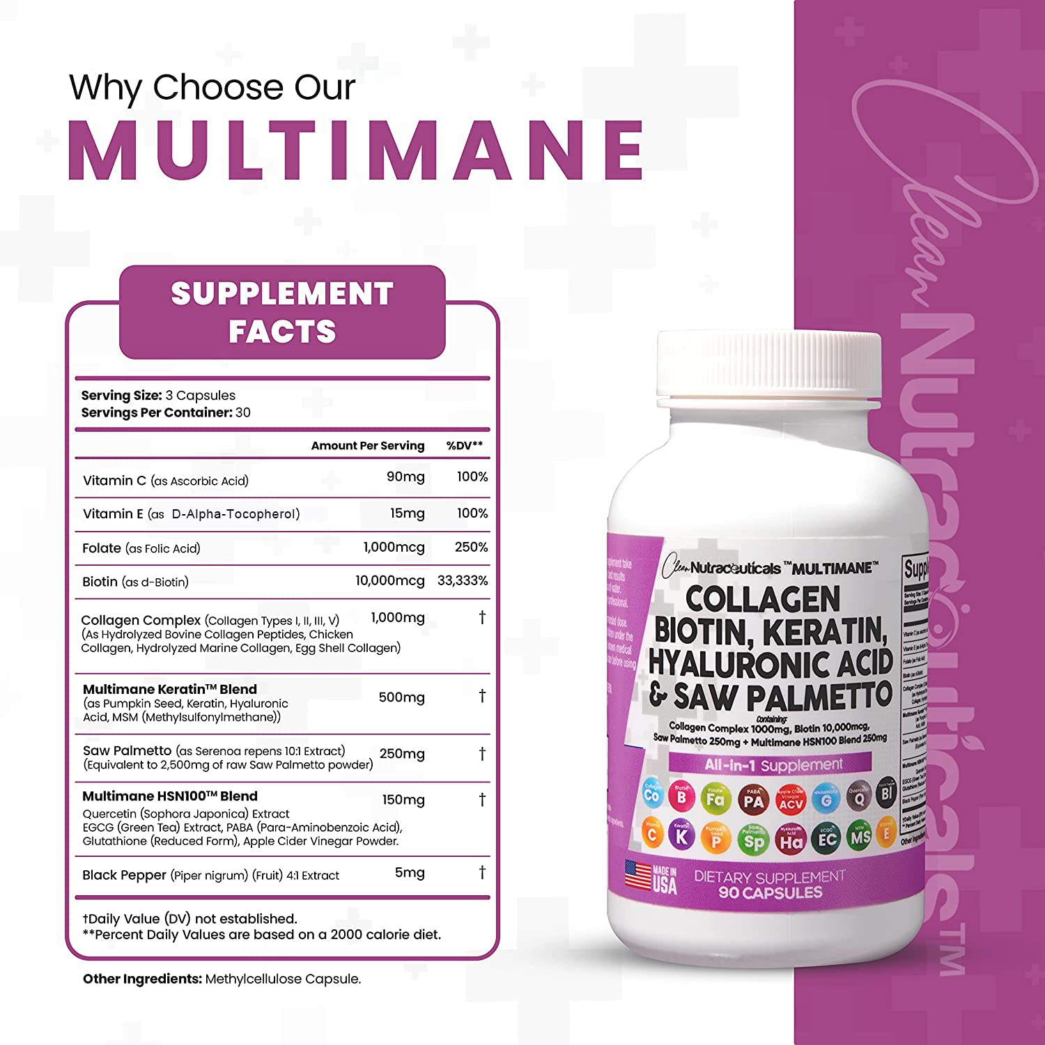 Collagen Pills 1000mg Biotin 10000mcg Keratin Saw Palmetto 2500mg 90 Ct Clean Nutraceuticals buy supplements canada