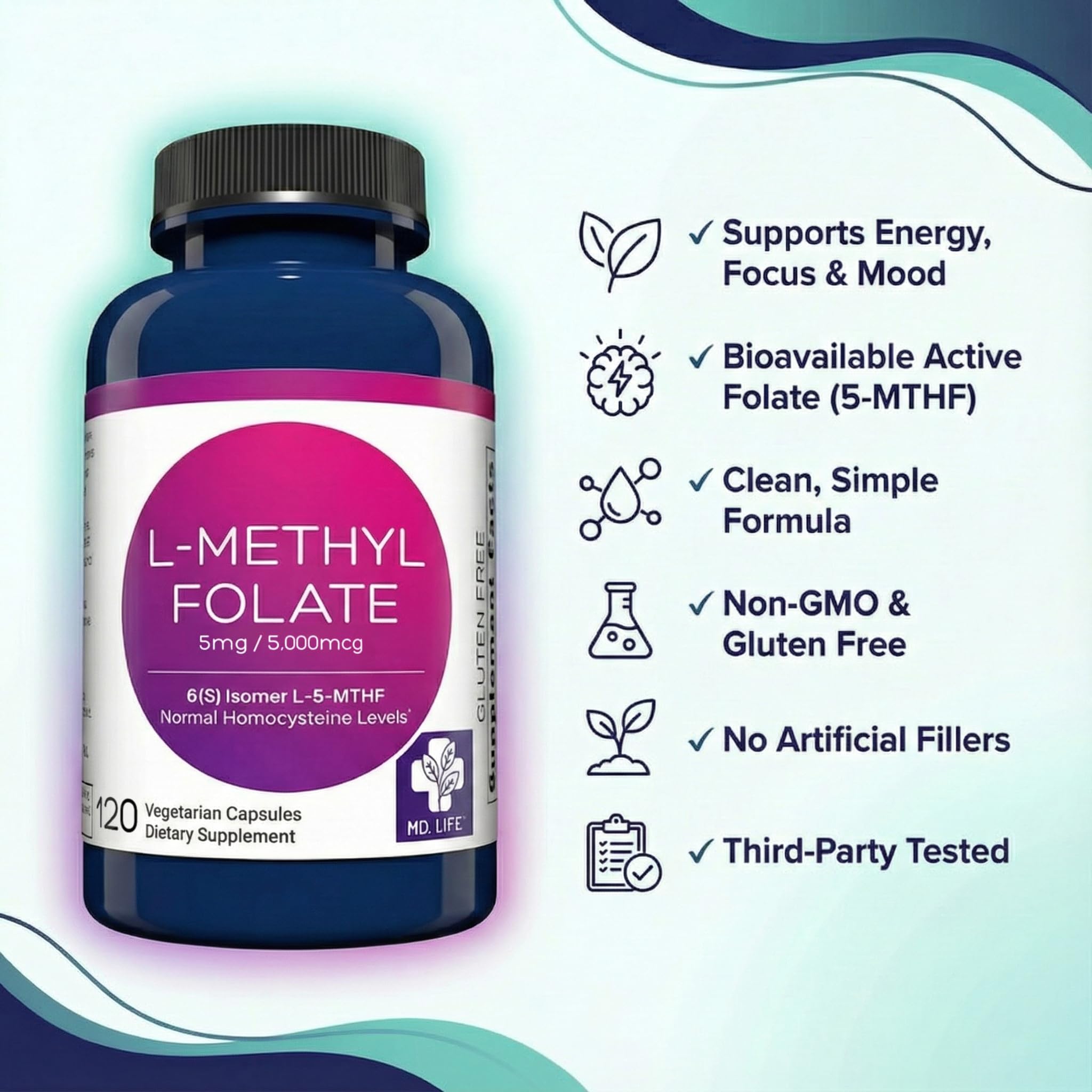 MD Life L-Methylfolate 5 mg Supplement - Professional-Grade Active L Methylfolate Supplement - 120 Capsules - L-Methylfolate 5mg - Maximum Potency MTHFR W/Essential Amino Acids MD.LIFE buy supplements canada