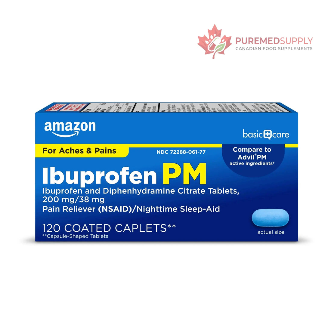 Amazon Basic Care Ibuprofen PM, Ibuprofen 200 mg and Diphenhydramine Citrate 38 mg, Pain Reliever and Nighttime Sleep-Aid, Capsule-Shaped Tablets, 120 Count Amazon Basic Care buy supplements canada