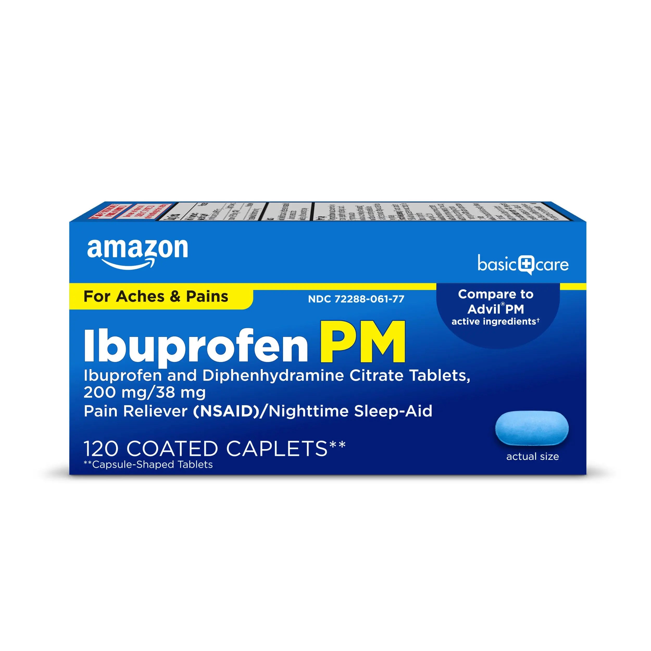 Amazon Basic Care Ibuprofen PM, Ibuprofen 200 mg and Diphenhydramine Citrate 38 mg, Pain Reliever and Nighttime Sleep-Aid, Capsule-Shaped Tablets, 120 Count Amazon Basic Care buy supplements canada