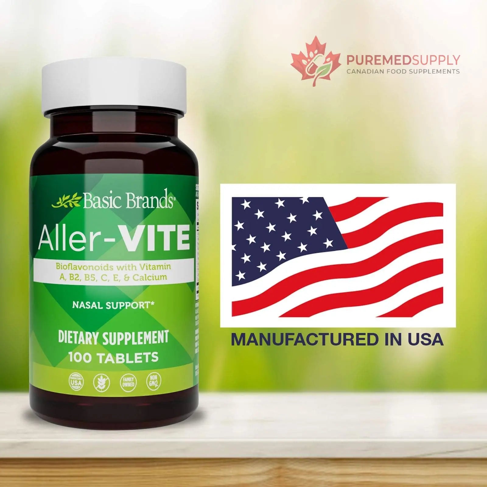 Basic Brands Aller Vite Nasal Support Tablets for Seasonal Allergy Relief, High Bioflavonoid Complex with Vitamins and Calcium, Gluten Free Daily Supplement, 100 Tablets Basic Brands buy supplements canada