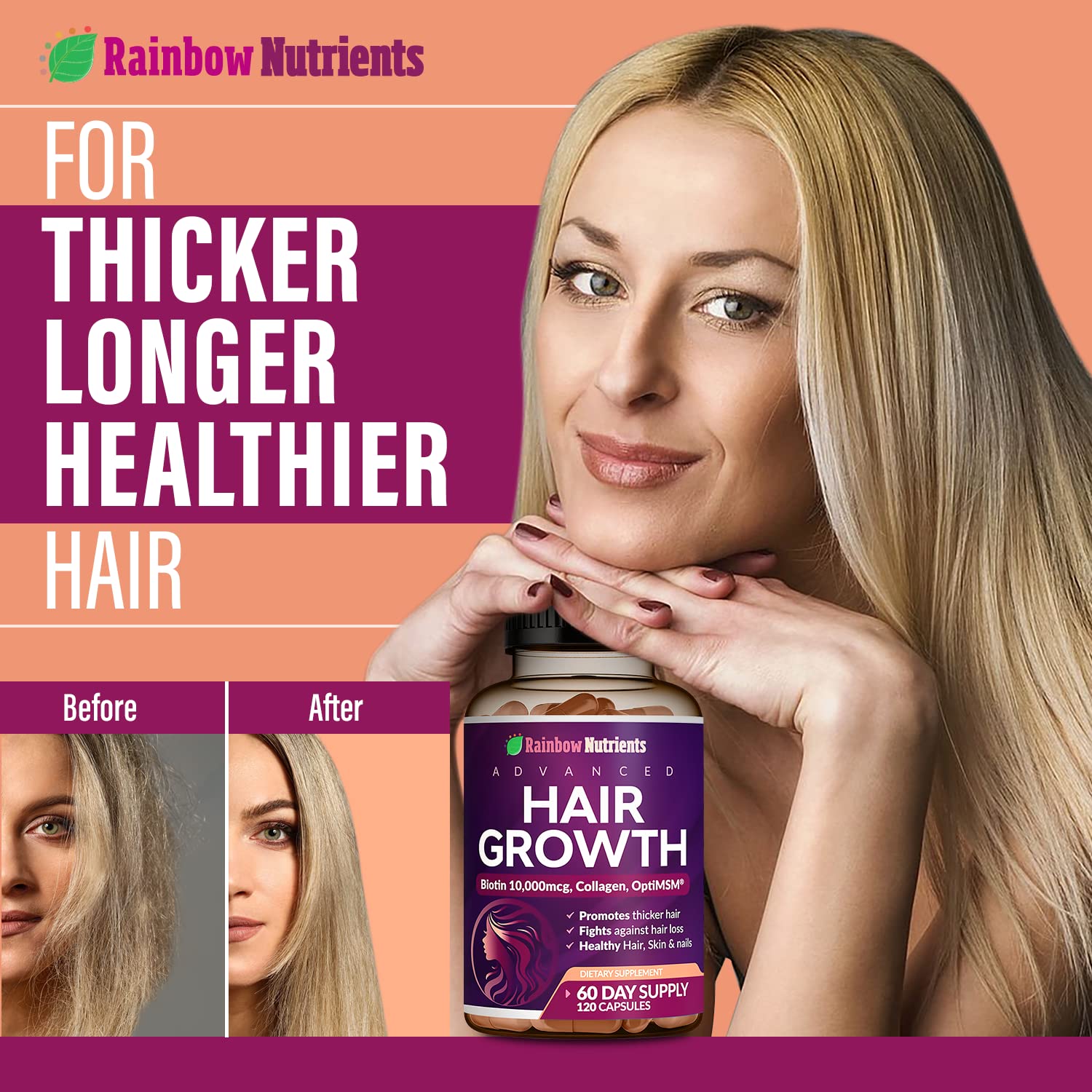 Hair Growth Vitamins for Women | Biotin 10,000mcg, Collagen, Patented OptiMSM®, goMCT Rainbow Nutrients, LLC buy supplements canada