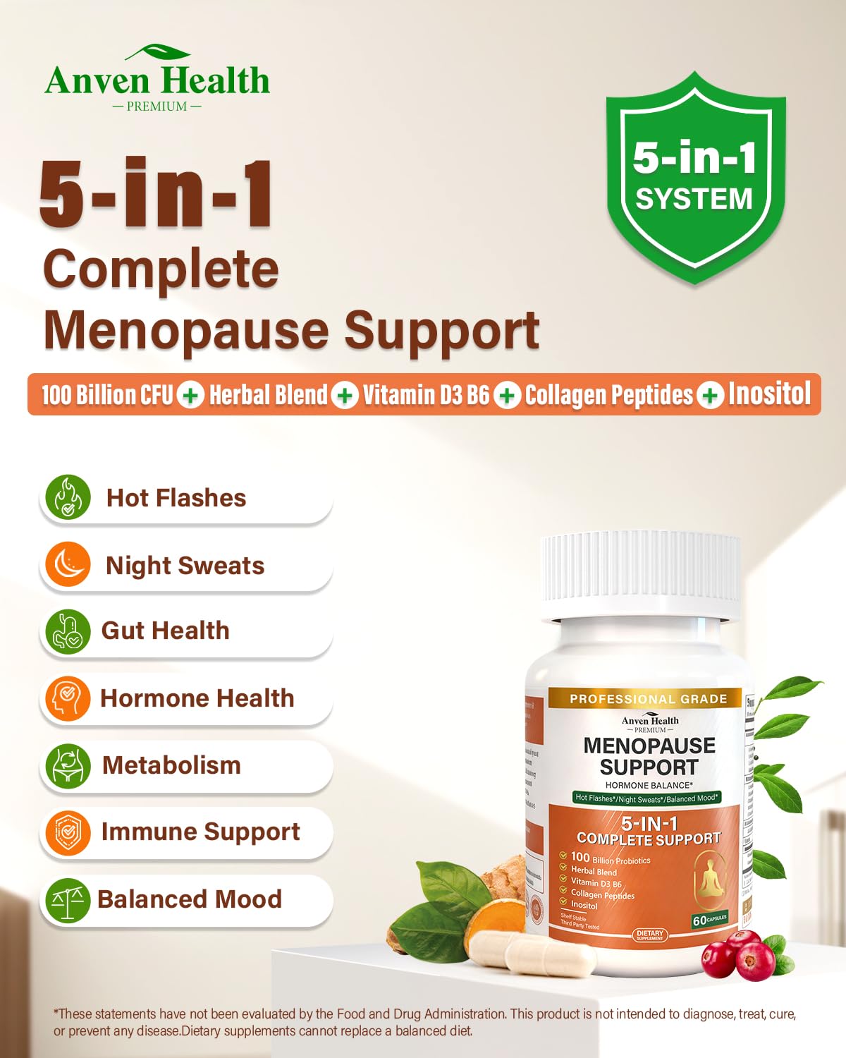 Anven Health Menopause Supplements for Women, Vitamin D3 & B6, Menopause Relief Probiotics Supports Hot Flashes, Night Sweats, Bloating & Gut Health with Black Cohosh, Herbs, Collagen | 60 Veggie Caps Anven Health buy supplements canada