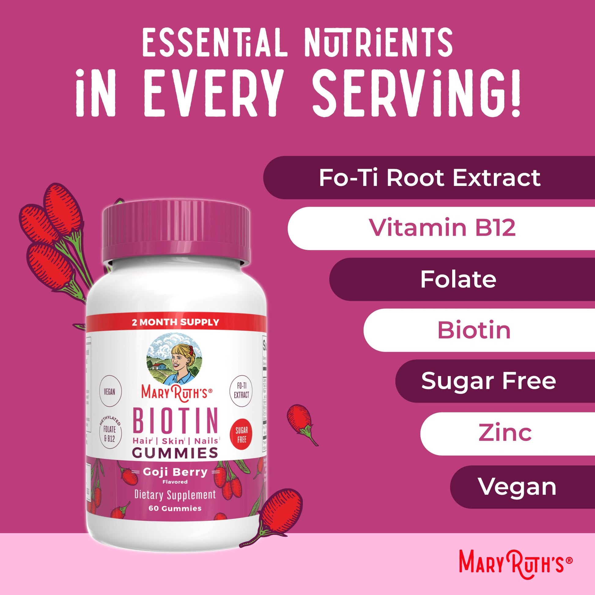 MaryRuth Organics Biotin Gummies | Sugar Free | Vegan | Non-GMO | 2,500 mcg Biotin Supplement | Hair Skin and Nails Vitamins | Hair Growth Vitamins | Hair Growth Supplement | 60 Count MARYRUTH'S buy supplements canada