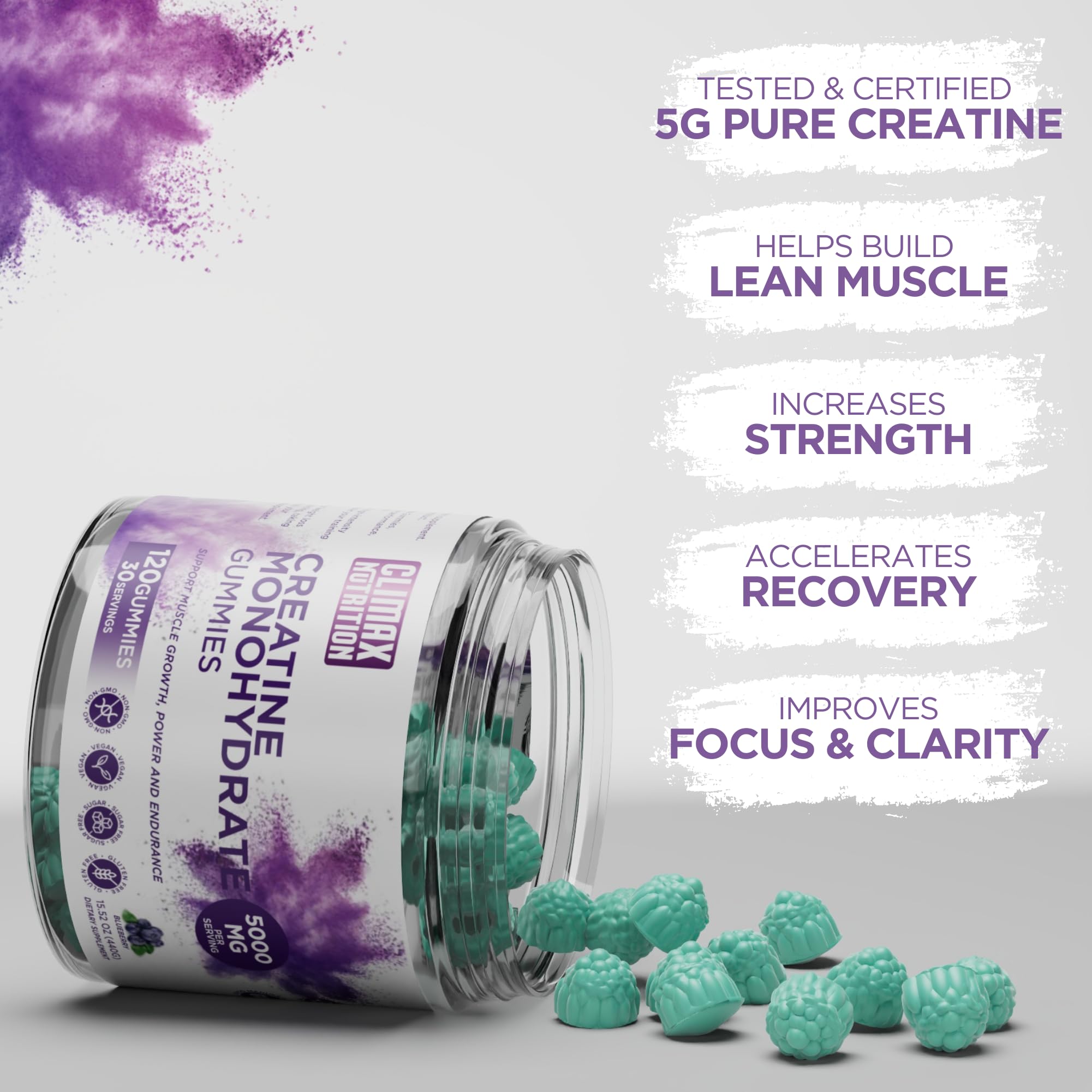 Creatine Monohydrate Gummies - Vegan, Sugar-Free, Gluten-Free - Boosts Muscle Recovery, Strength & Lean Muscle Growth - Brain Health Support - for Men & Women - Blueberry Flavor - 120 Gummies CLIMAX NUTRITION buy supplements canada
