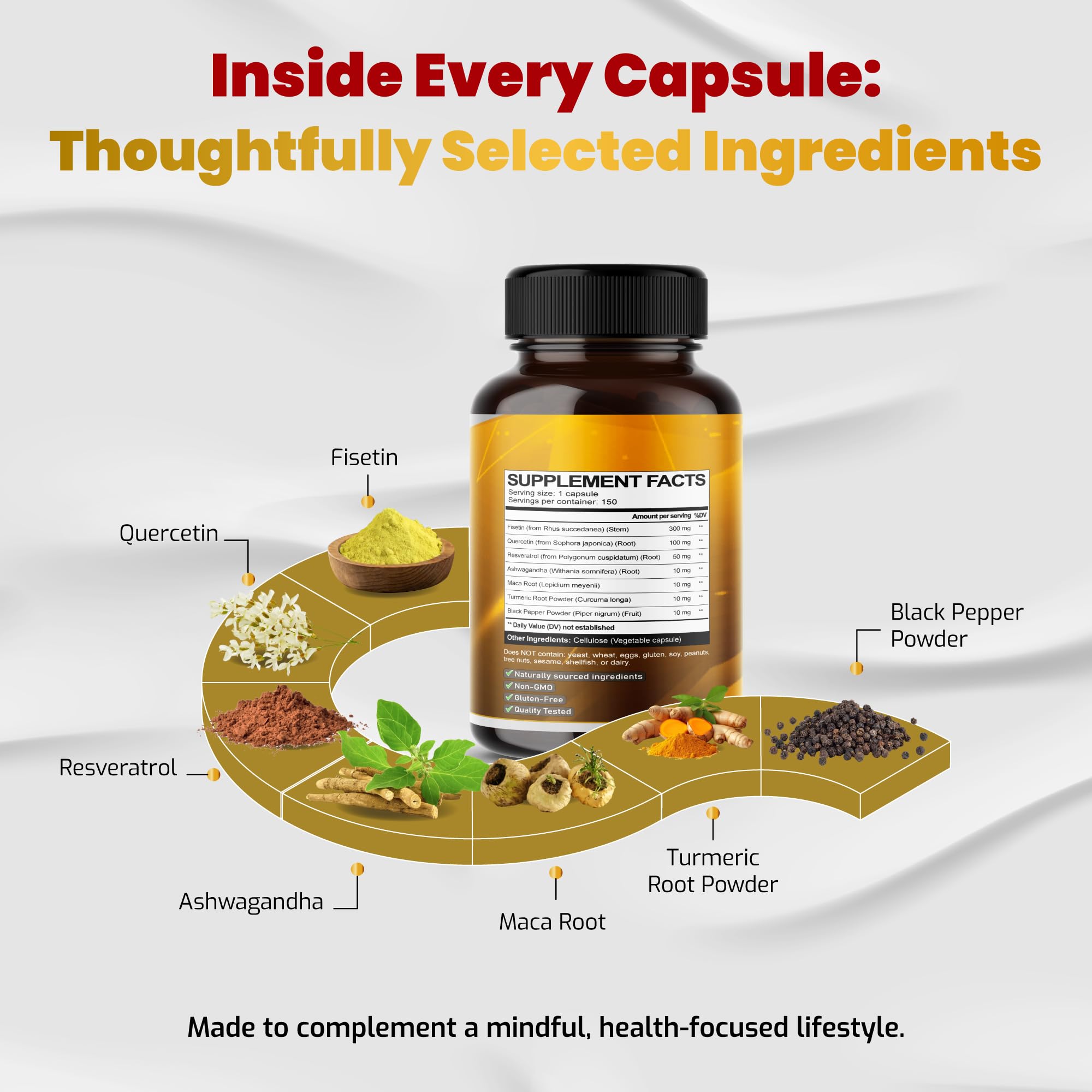 VEGATOT Organic Fisetin Complex 7-in-1 Formula | with Quercetin, Resveratrol, Ashwagandha, Maca Root, Turmeric, Black Pepper | 150 Capsules | Non-GMO, Gluten-Free VEGATOT buy supplements canada