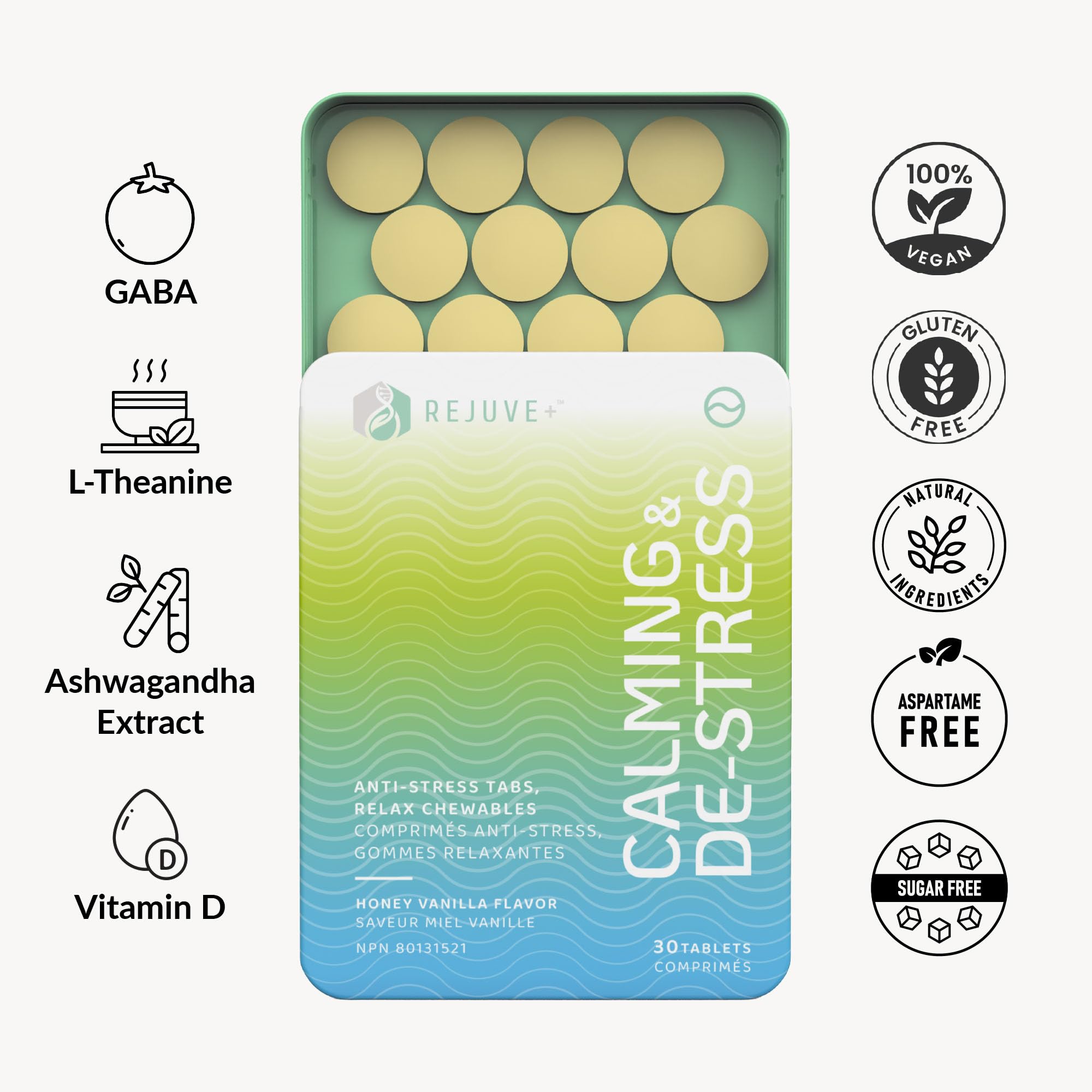 REJUVE+ Calm & Destress Nootropic Supplement – Brain Boost | L-Theanine, GABA, Ashwagandha, Vitamin D | Natural Stress Relief & Relaxation | Sleep Enhancer | Mood Enhancer | Honey Vanilla Flavor (1) REJUVE+ buy supplements canada