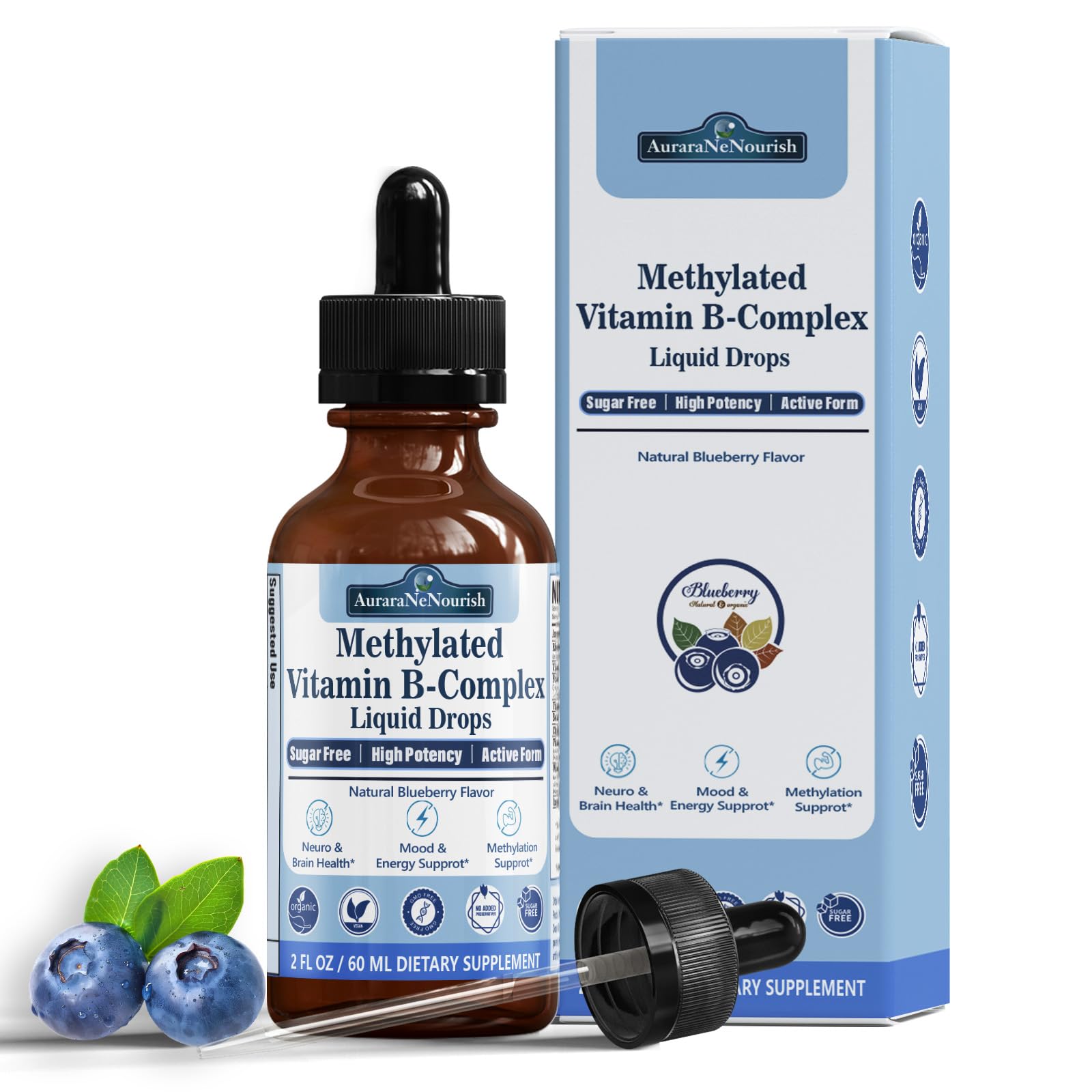 Methylated B Complex Liquid Drops, Complete Methyl B Complex Multivitamin w. 5-MTHF MethylFolate Inositol & Choline, Super B-Complex Methylated for MTHFR Support, Energy Mood Nerve & Brain Health AuraraNeNourish buy supplements canada
