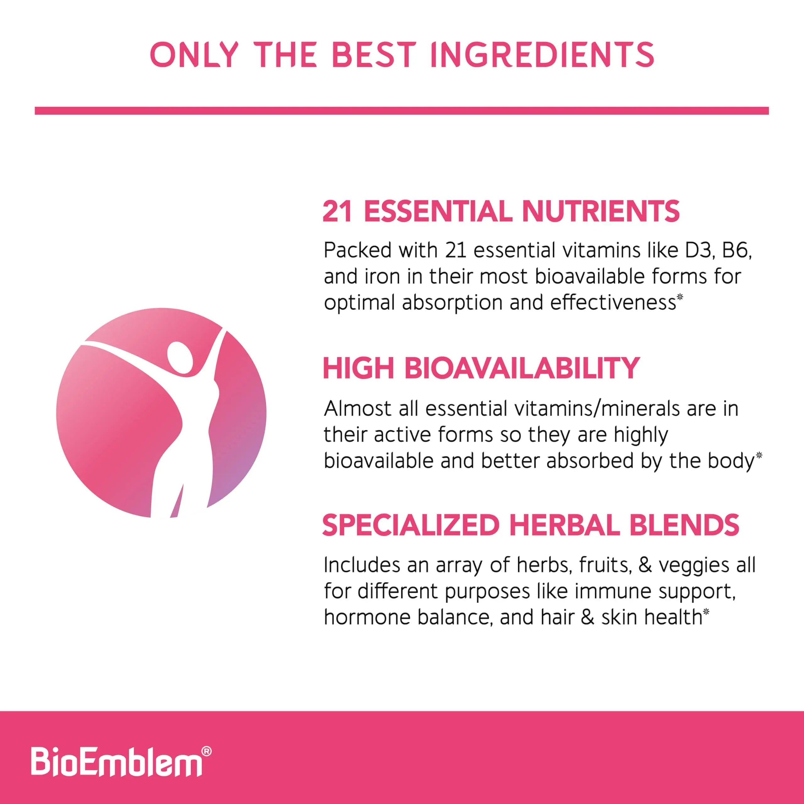 BioEmblem Women's Multivitamin - Complete Daily Multi for Immunity, Energy, Hair, Skin with Vitamin A, B12, B6, D3, Biotin BioEmblem buy supplements canada
