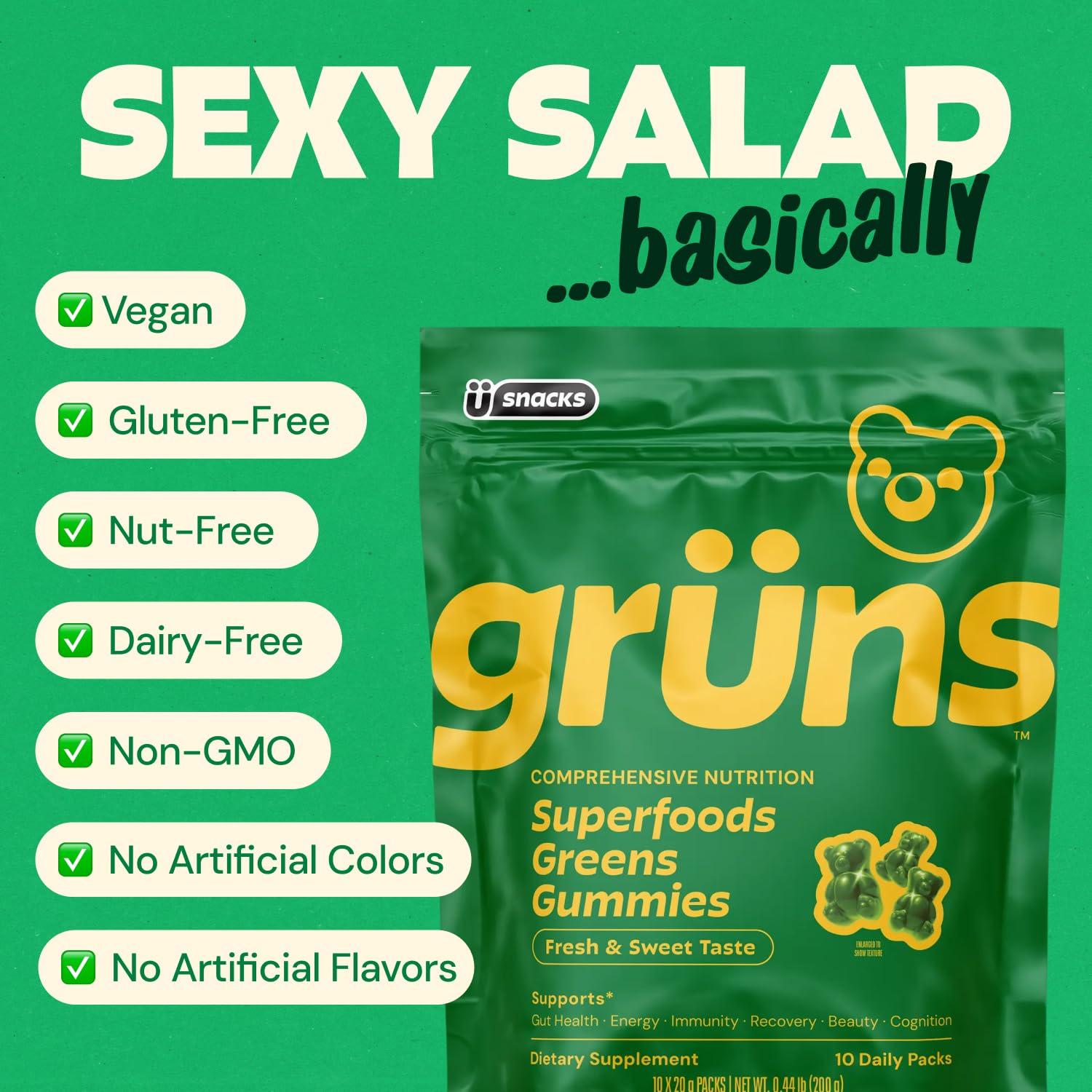 Gruns Adults Super Greens Gummies, Multivitamin Superfood Gummy Bears, Spirulina, Chlorella, Prebiotics & Fiber Gummies for Digestive Health Grüns buy supplements canada
