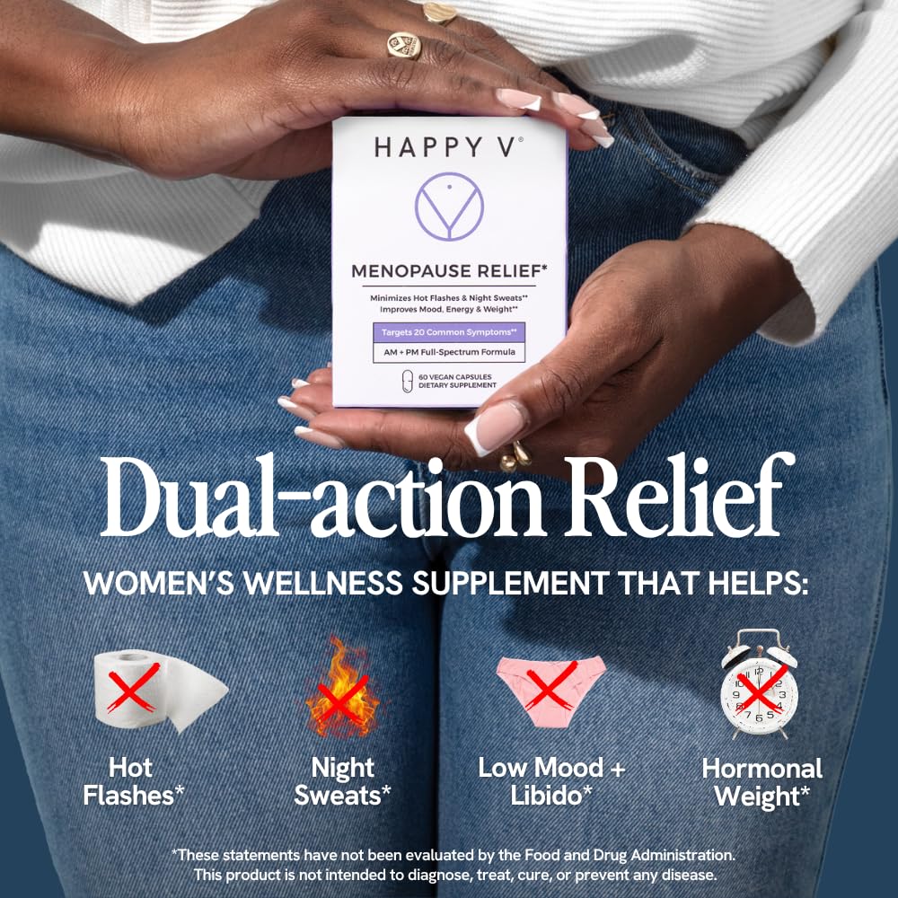 Happy V Menopause Relief Supplement for Women – Hormone Balance, Hot Flash & Night Sweat Support, Mood & Energy Booster, Vaginal Wellness, Perimenopause & Postmenopause Support – 60 Vegan Capsules Happy V buy supplements canada