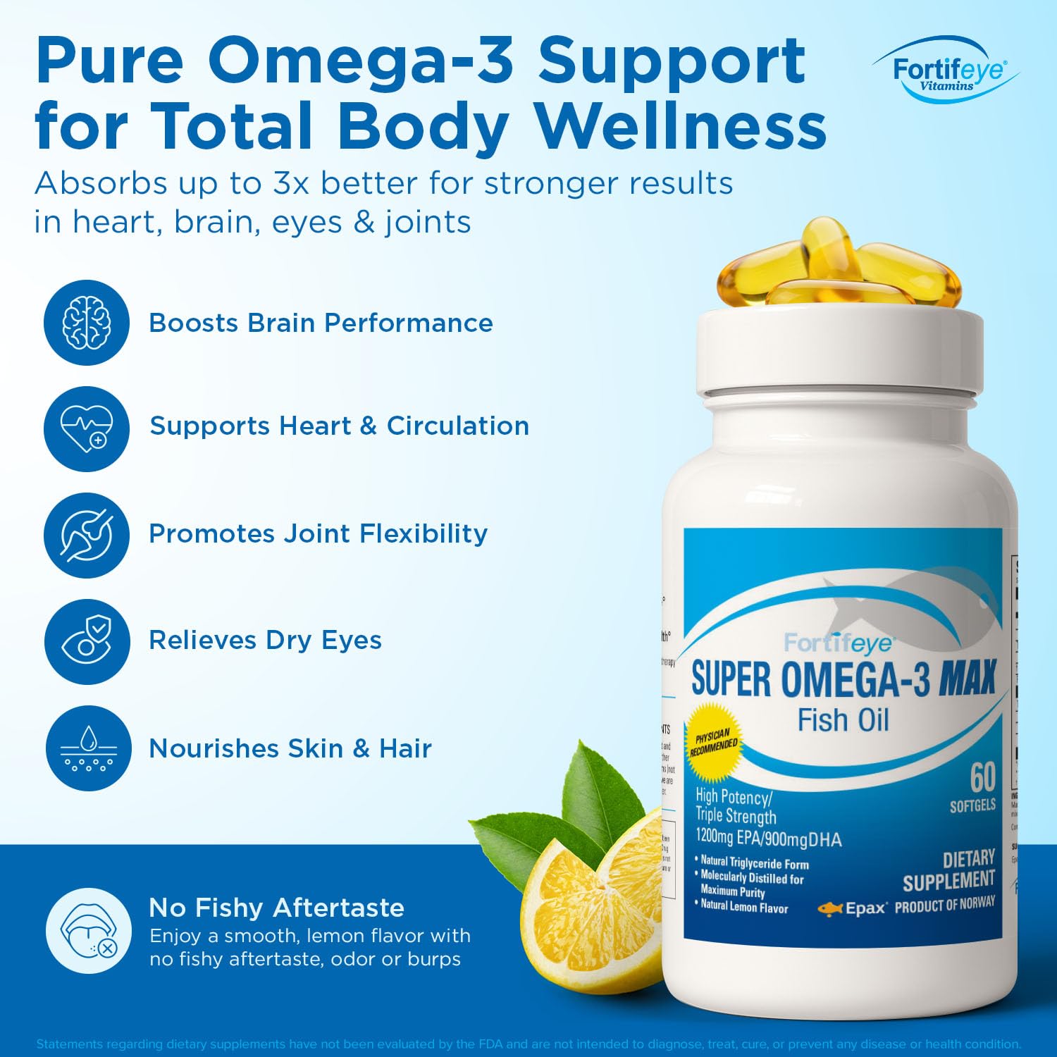 Super Max Omega-3 Fish Oil 2400 mg 30 Days, 60 Capsules - High Potency Fish Oil Omega 3 Supplements for Women & Men, Triglyceride Form with EPA and DHA Supplements No Fishy After Taste Lemon Flavor Fortifeye Vitamins buy supplements canada