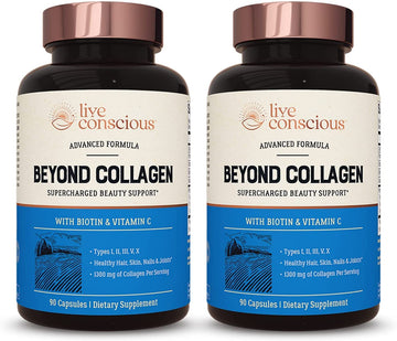 Live Conscious Beyond Collagen Multi Collagen Capsules - Types I, II, III, V & X | Hydrolyzed Blend with Biotin & Vitamin C for Hair, Skin, Nails 90 Capsules (2-Pack) Live Conscious buy supplements canada