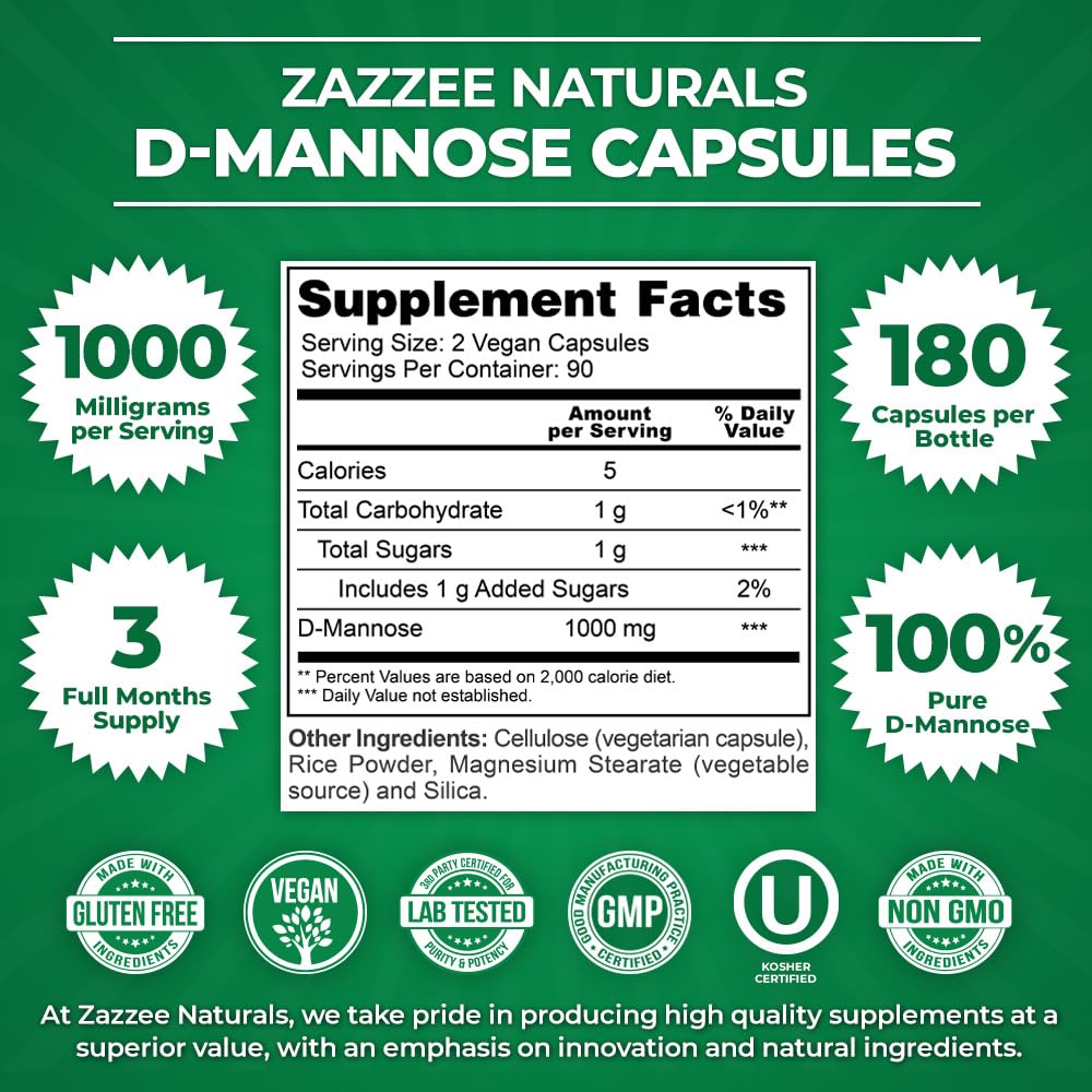 Zazzee D-Mannose, 1000 mg per Serving, 180 Vegan Capsules, 3 Month Supply, Potent Zazzee buy supplements canada