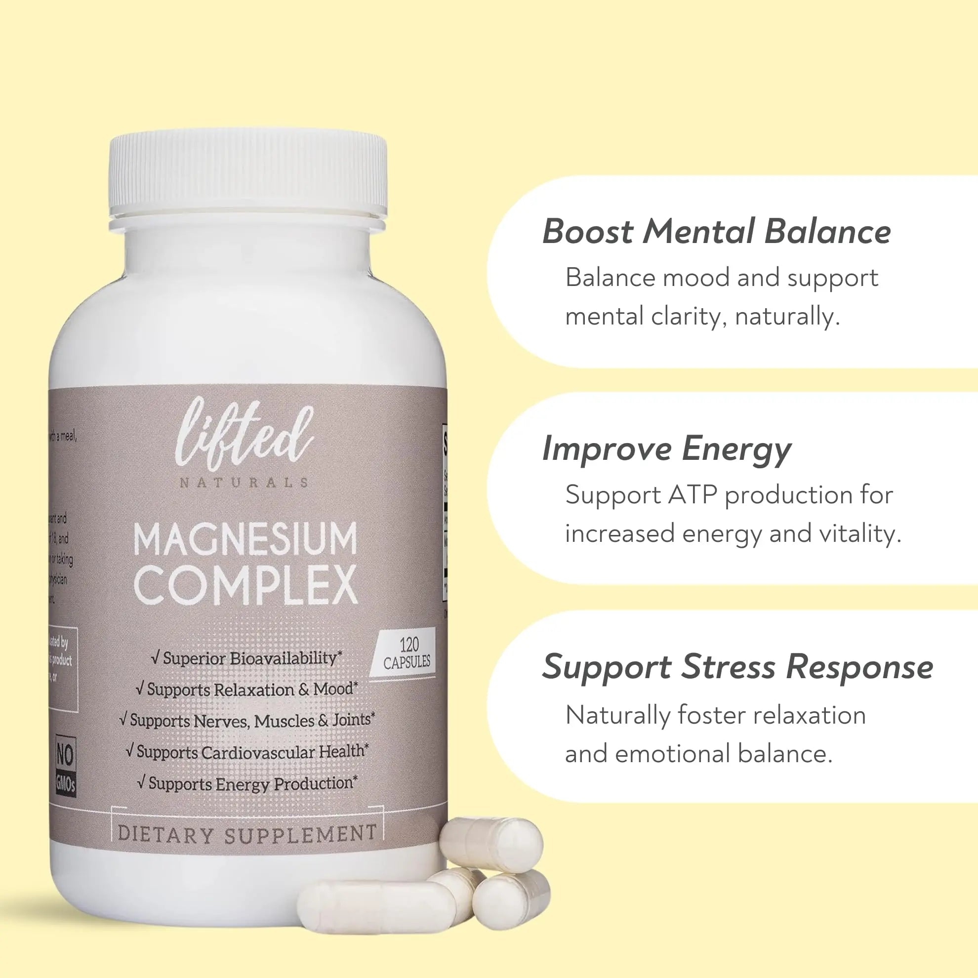 Magnesium Complex - Lifted Naturals Magnesium Supplement w/Bisglycinate, Malate, Taurate - 120 Capsules - Bioavailable Magnesium Formula for Mood, Sleep, Energy Support* Lifted Naturals buy supplements canada