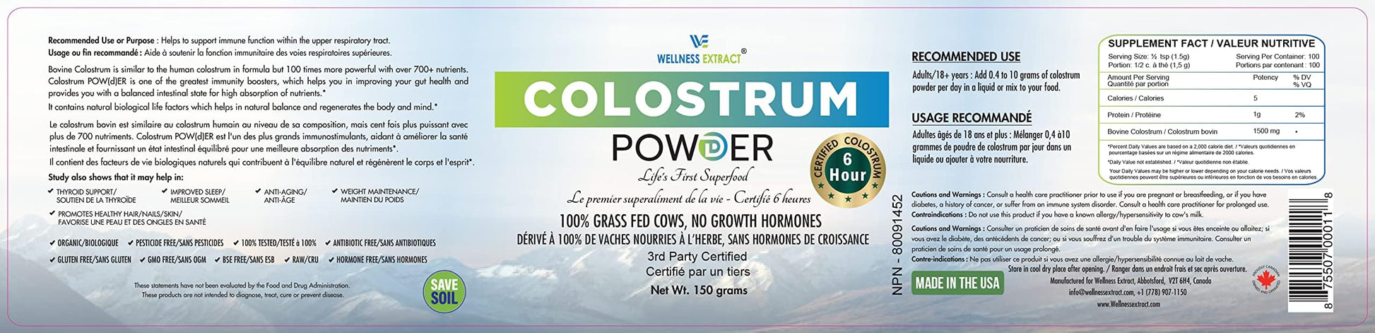 WELLNESS EXTRACT Bovine Colostrum Powder Rich in Protein & Lactoferrin- The True Certified Supplement for Immune Support, Gut Health, Muscle Growth - 150g WELLNESS EXTRACT buy supplements canada