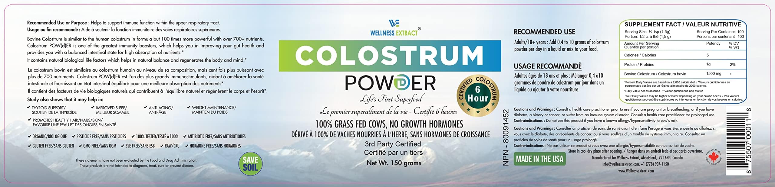 WELLNESS EXTRACT Bovine Colostrum Powder Rich in Protein & Lactoferrin- The True Certified Supplement for Immune Support, Gut Health, Muscle Growth - 150g WELLNESS EXTRACT buy supplements canada