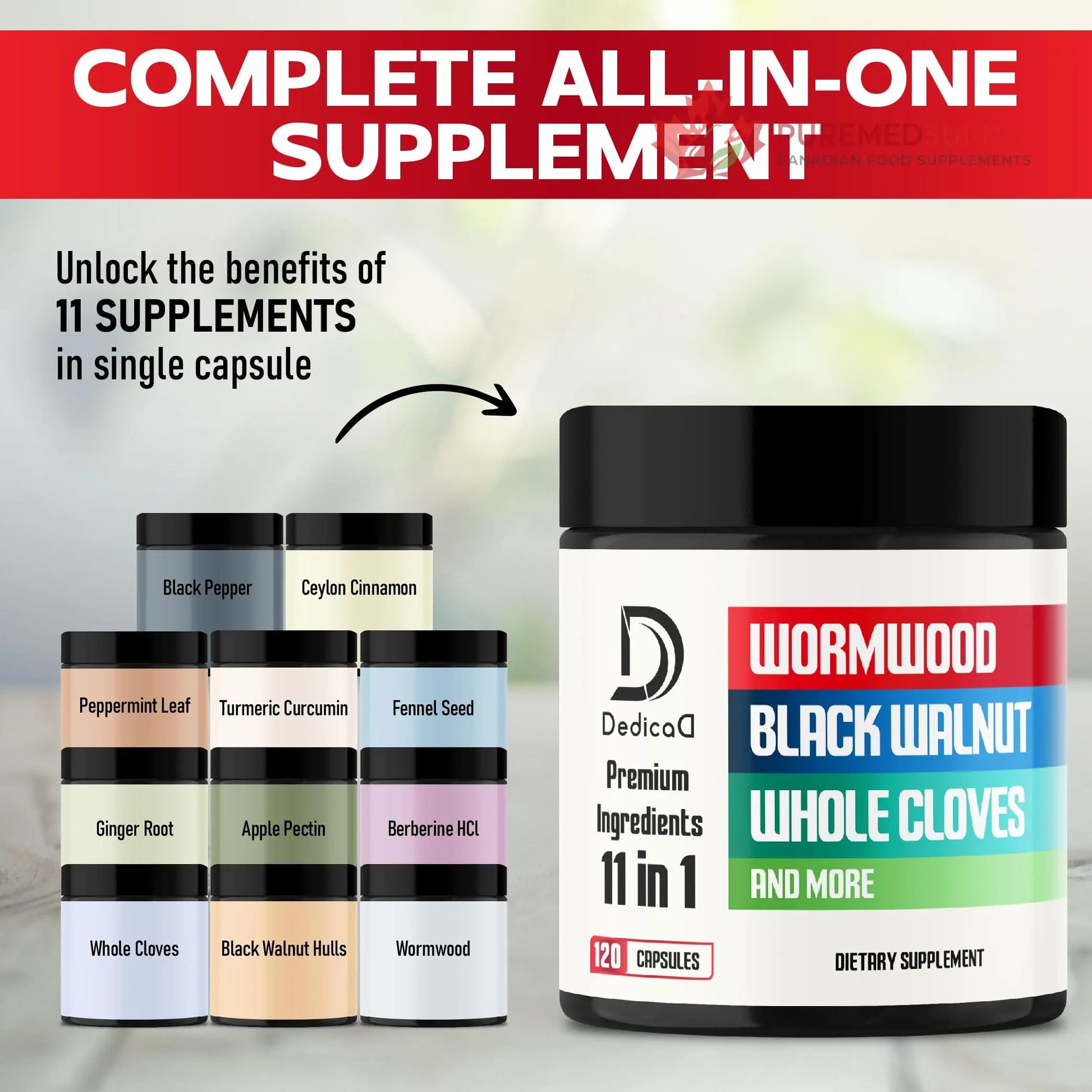 DEDICAD Wormwood Supplement - 120 Capsules Extracted from Black Walnut, Cloves, Turmeric, Apple, Berberine HCl & More - 11 Ingredients Combined for Immune System - 2-Month Supply DEDICAD buy supplements canada