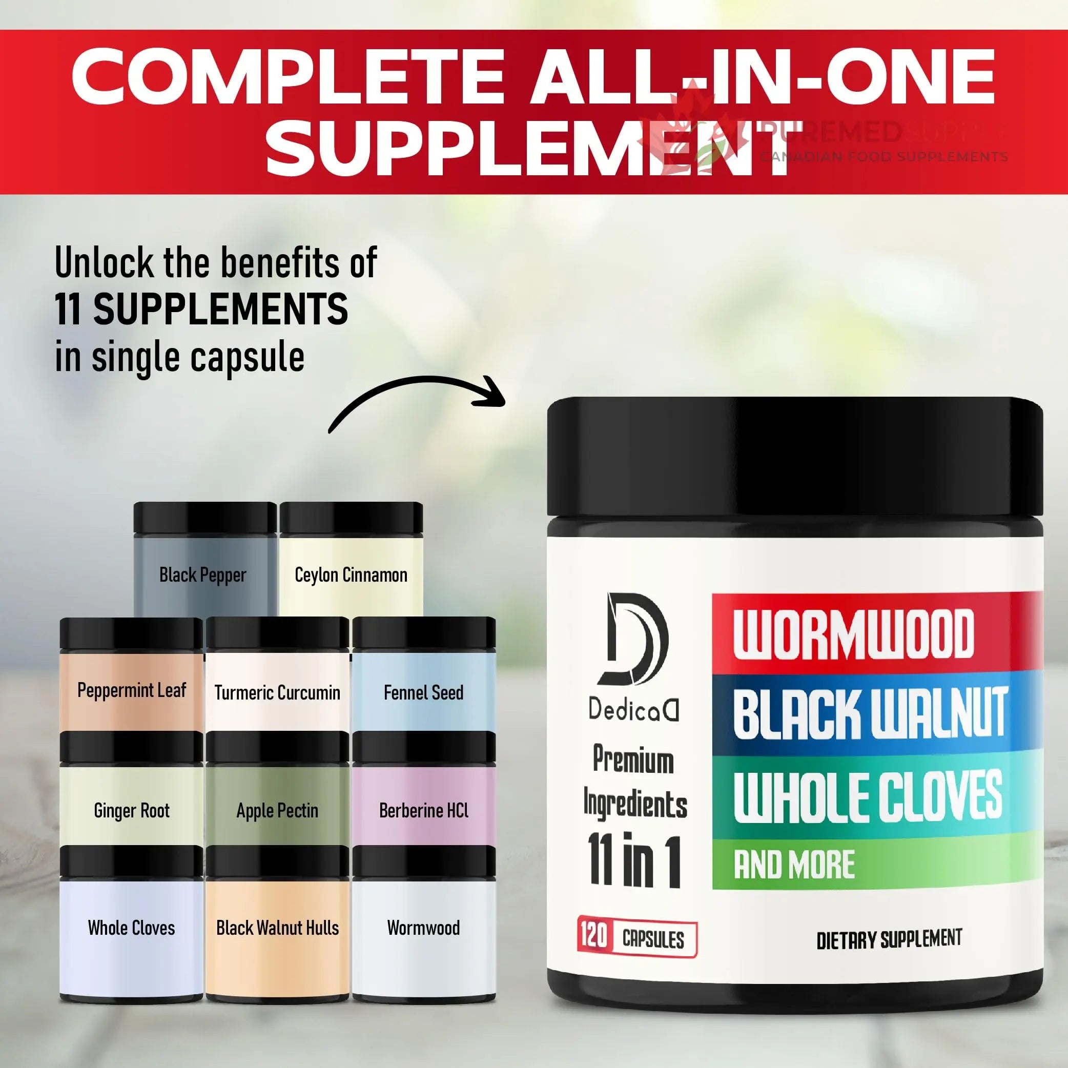 DEDICAD Wormwood Supplement - 120 Capsules Extracted from Black Walnut, Cloves, Turmeric, Apple, Berberine HCl & More - 11 Ingredients Combined for Immune System - 2-Month Supply DEDICAD buy supplements canada