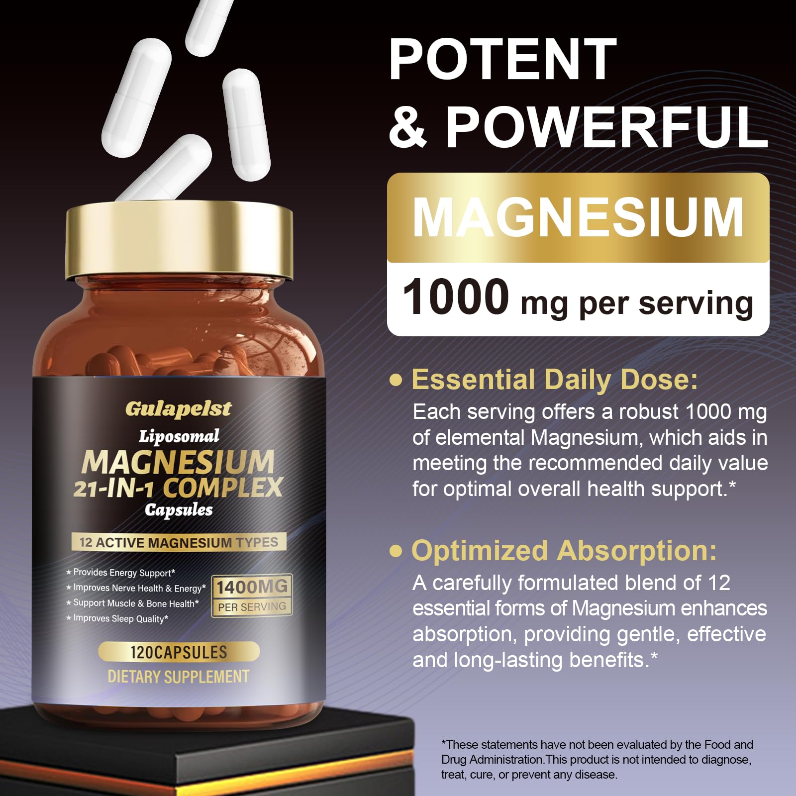 21 in 1 Liposomal 1400mg Magnesium Complex (Citrate, Glycinate, Malate etc) Capsule - 12 Active Types Magnesium with Vitamin D3, B6, B12, C, Ashwagandha & CoQ10 for Women & Men Gulapelst buy supplements canada