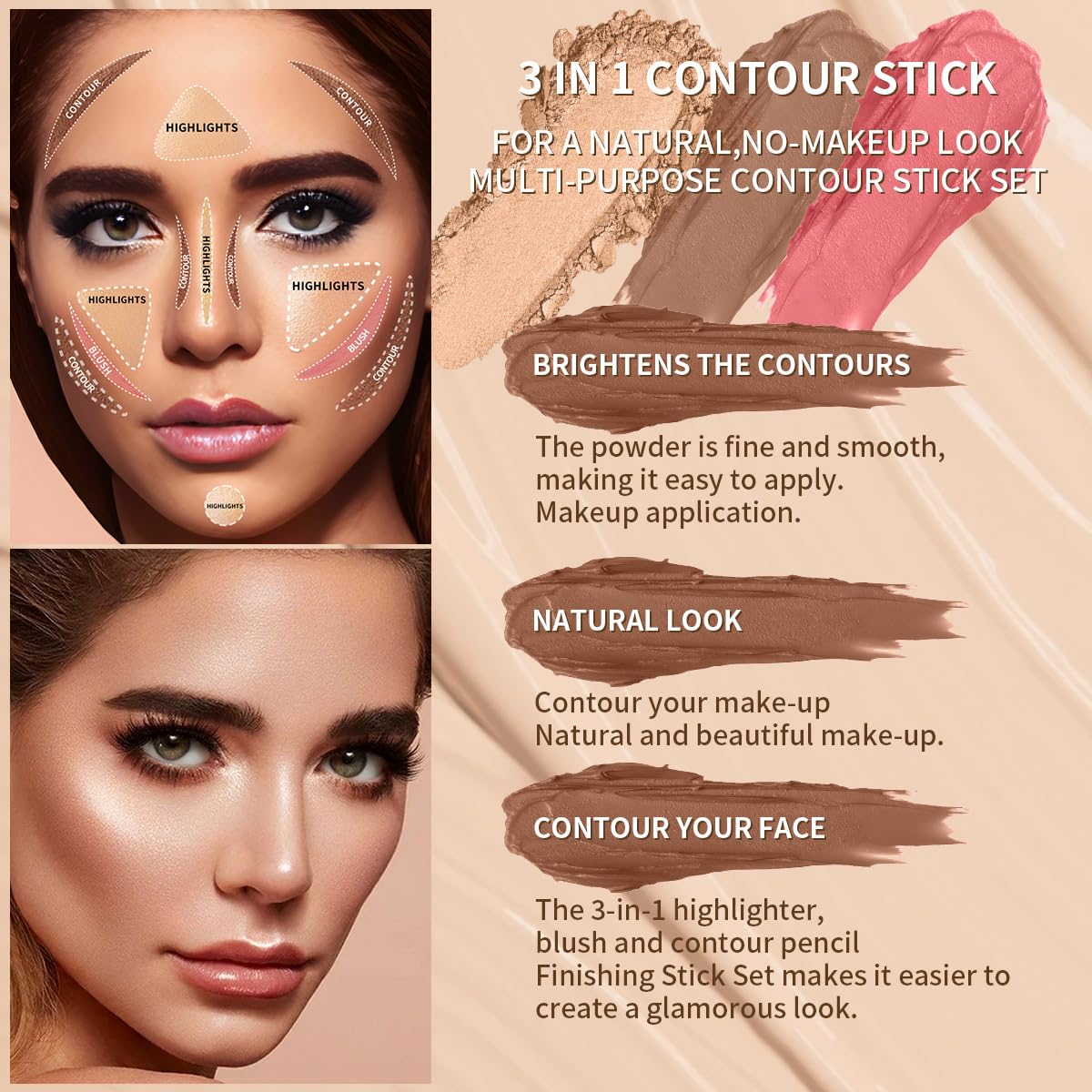 3Pcs Cream Contour Sticks Kit, Highlighter Stick Blush Stick Cream Contour Kit Makeup Set with Brush,Face Brightens & Shades Contour Stick Waterproof for Women QIC buy supplements canada