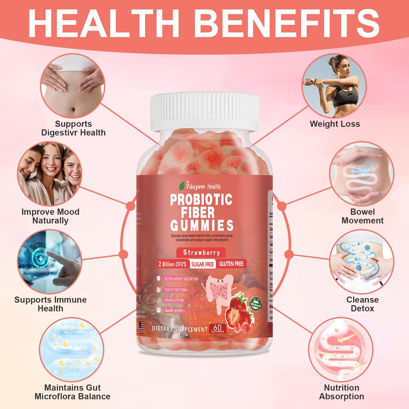 Vikaywoo Probiotic Fiber Gummies for Adults, No Sugar Added Strawberry Flavor– 2 Billion CFUs –Vitamin C,Vitamin D–Digestive Health & Regularity Support(120 Count) Vikaywoo buy supplements canada