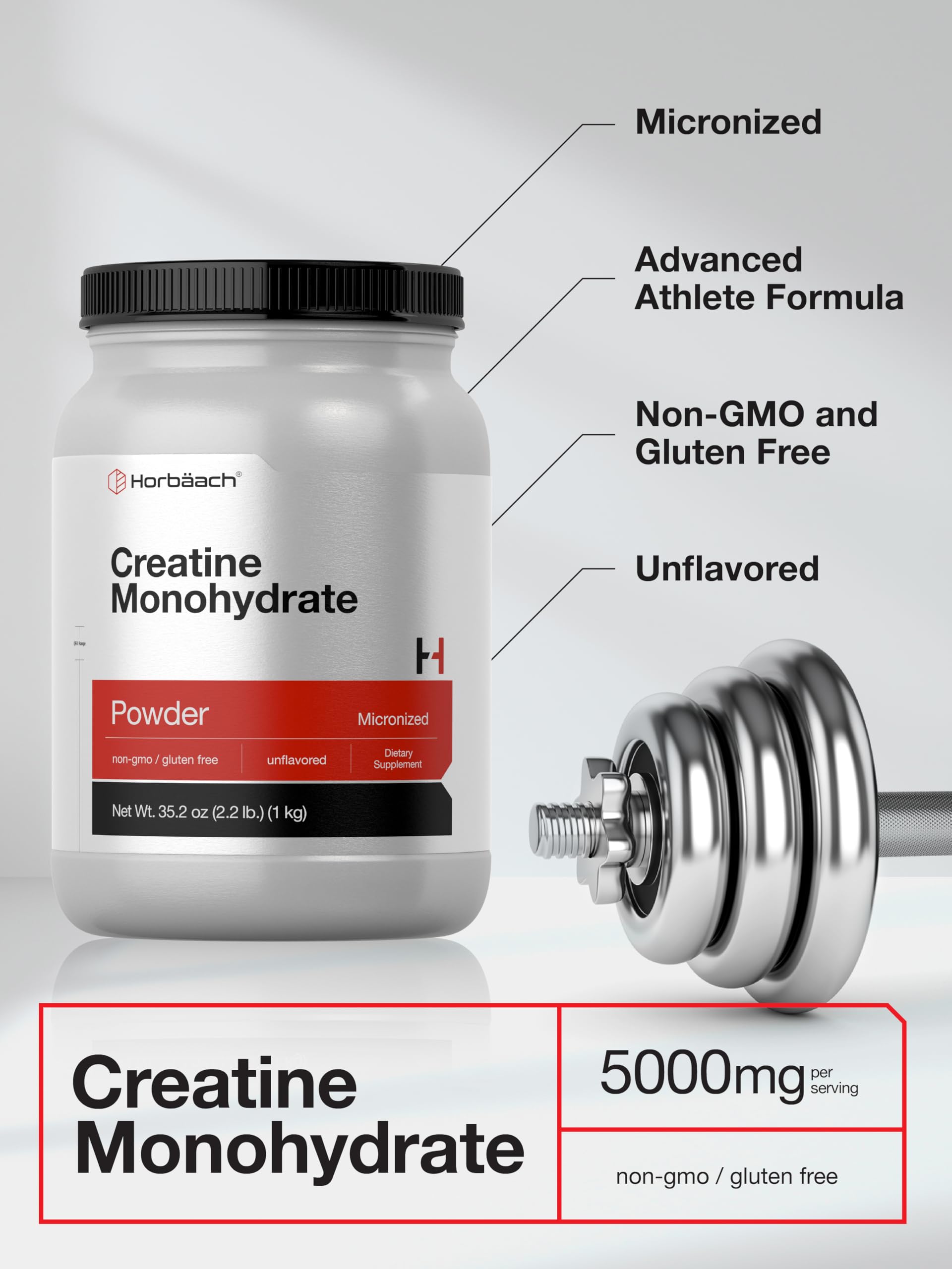 Horbäach Creatine Monohydrate Powder | 2.2lbs (35.2 oz) | Micronized and Unflavored | Vegetarian, Non-GMO, and Gluten Free Supplement Horbäach buy supplements canada