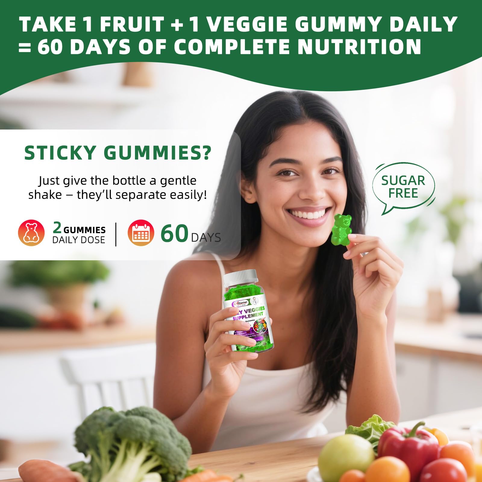 Sugar-Free Fruits & Veggies Gummies, Super Greens with 23 Fruits & 25 Veggies, Multivitamin Minerals & Fiber, Vegan Fruit & Vegetable Supplement for Adults, 120 Gummies, 2 Month Supply Alliwise buy supplements canada