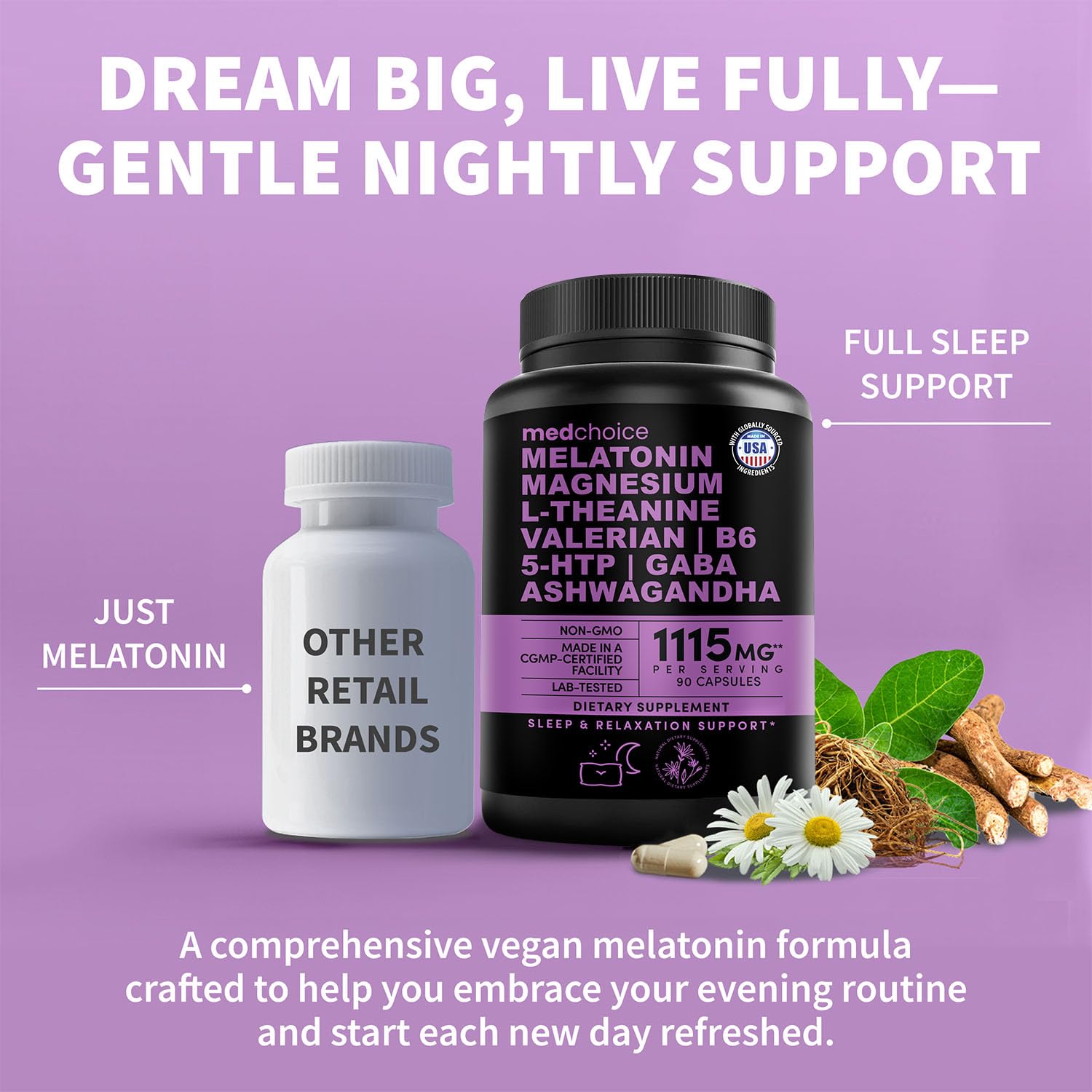 12-in-1 Melatonin Sleep Capsules - Natural Sleep Aids for Adults with Melatonin 5mg and Magnesium Glycinate 500mg, Sleep Aid with Ashwagandha, L Theanine, Valerian Root, GABA, 5-HTP (90ct, Pack of 1) MEDCHOICE buy supplements canada