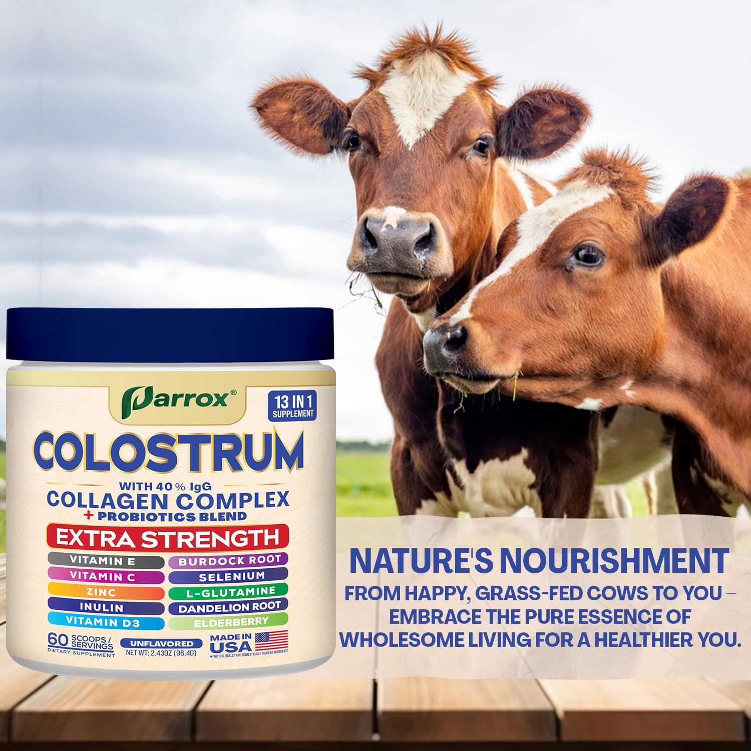 Parrox Colostrum Powder with 40% IgG, Collagen, Probiotics, Burdock Root, L-Glutamine, Elderberry, Vitamin C, Vitamin E, Vitamin D3, Inulin, Selenium, Dandelion Root, Zinc, 60 Servings (Unflavored) Parrox buy supplements canada