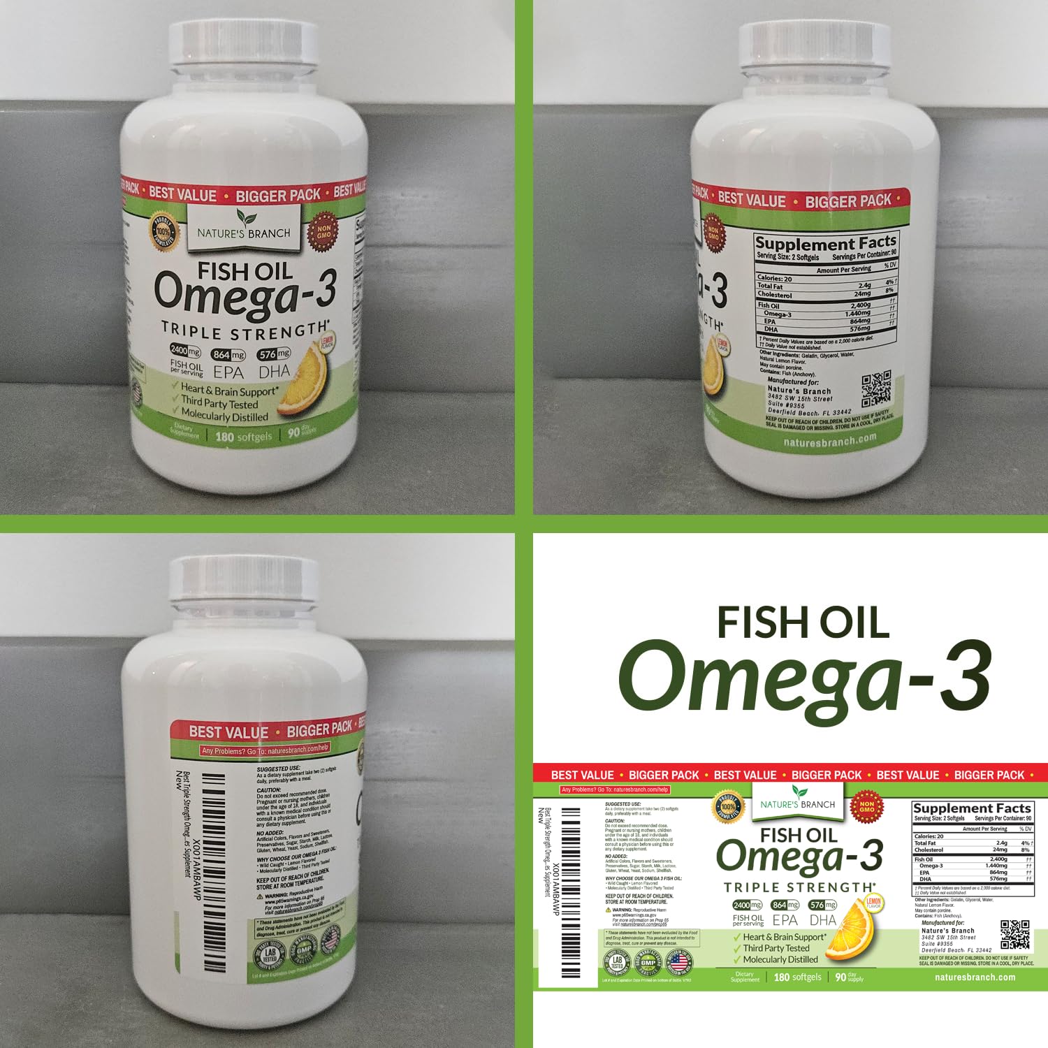 Triple Strength Omega 3 Fish Oil Supplements 2400mg | 180 Capsules, Burpless High Potency Lemon Flavor, High EPA DHA for Men & Women Ultra Pure Softgels NATURE'S BRANCH buy supplements canada