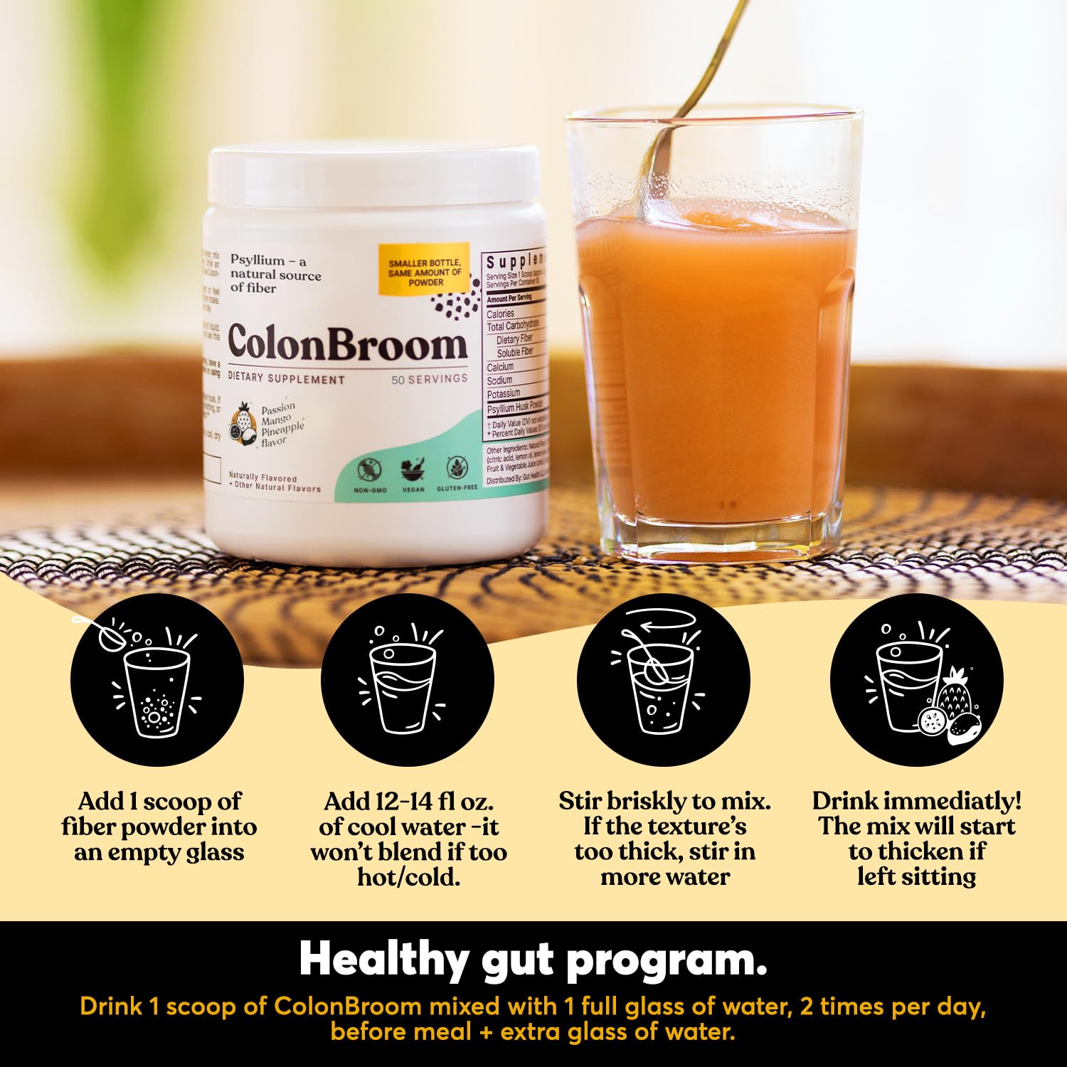 ColonBroom Psyllium Husk Powder with Stevia (Tropical Fruits) - Colon Cleanse for Bloating Relief & Gut Health - Colon Broom Fiber Powder Drink - Vegan Fiber Powder Stevia Supplement, 50 Servings ColonBroom buy supplements canada