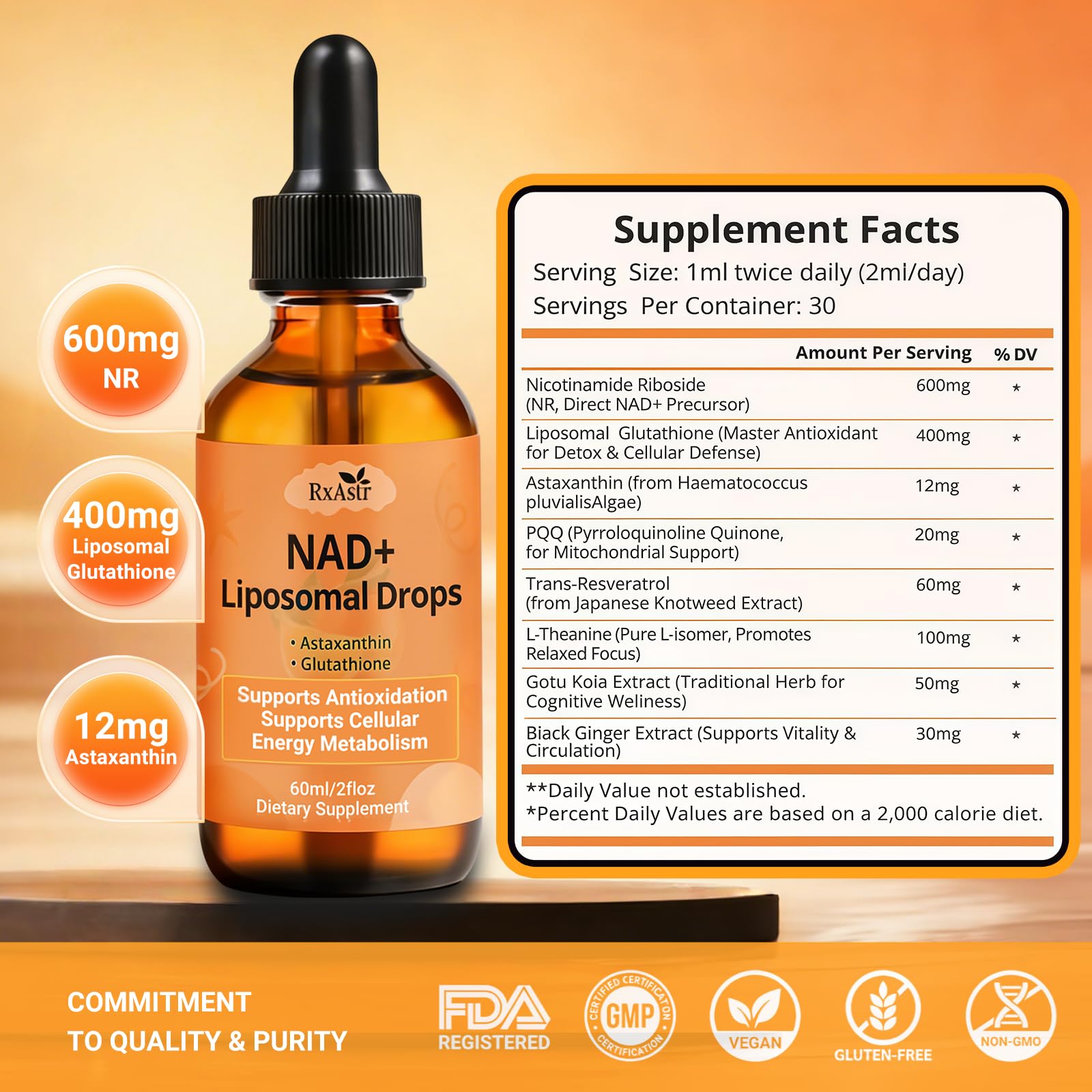 NAD+ Liposomal Drops with Astaxanthin & Glutathione, 600mg NR for Cellular Energy, Antioxidant Defense, Skin & Cognitive Support for Men & Women, Natural Citrus Flavor, Vegan, GMP Certified, 60ml RxAstr buy supplements canada