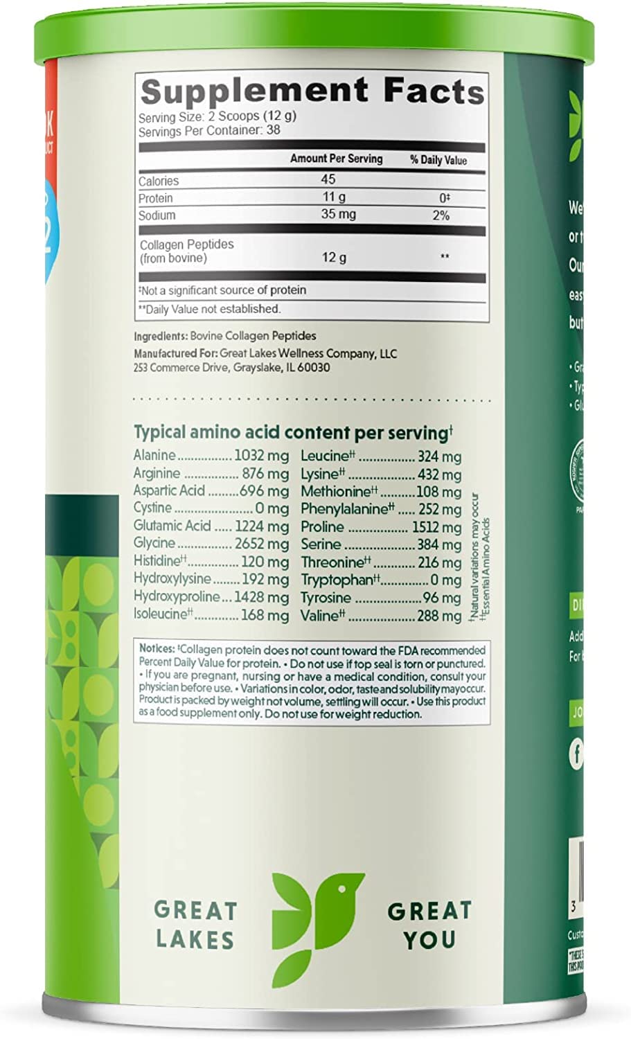Great Lakes Gelatin Collagen Hydrolysate 454g (UK/EU Compliant can) (3) Great Lakes Gelatin buy supplements canada