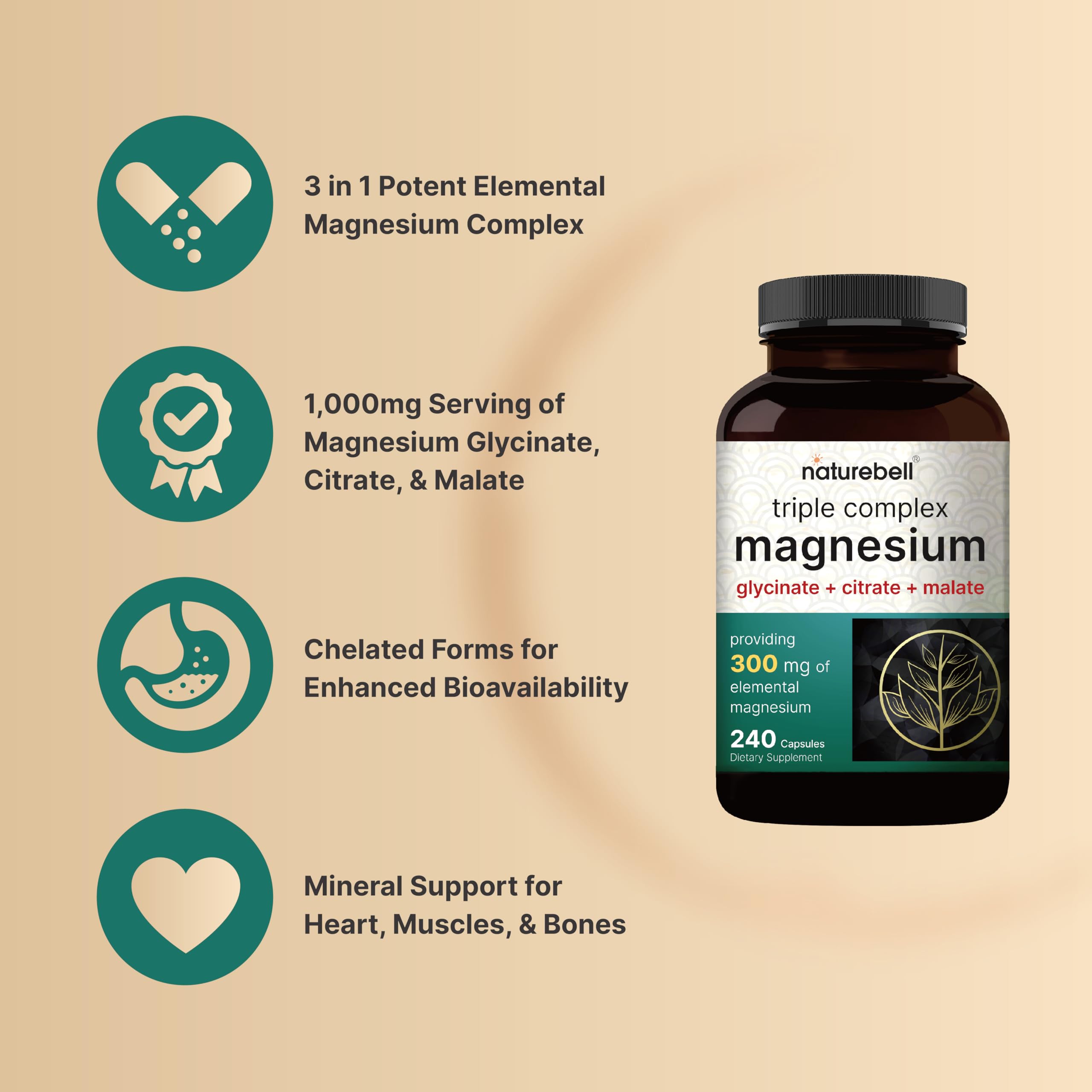 Triple Complex Magnesium Supplement, 240 Capsules | Magnesium Glycinate 500mg NatureBell buy supplements canada