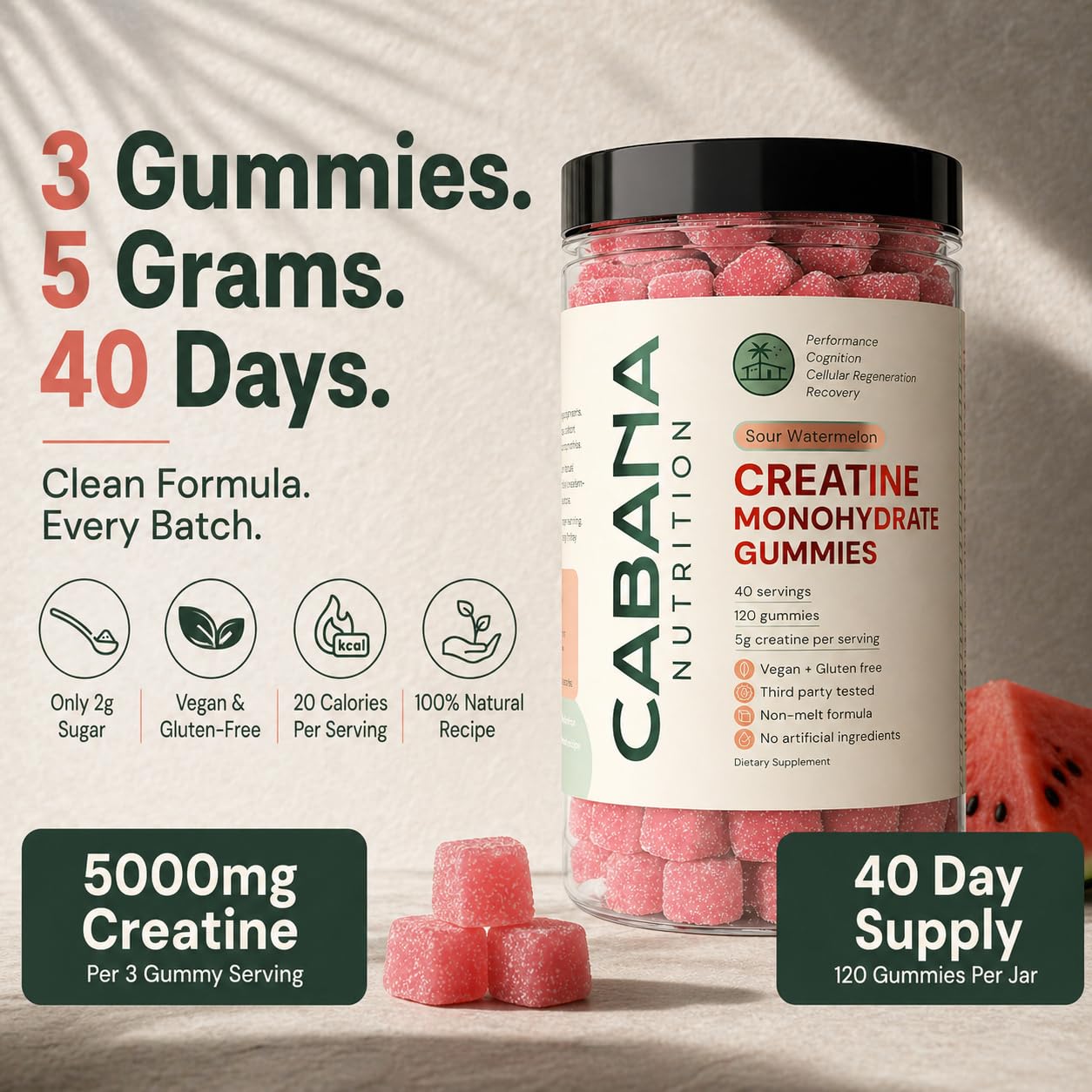Creatine Monohydrate Gummies 5g - Only 2g Sugar, Made in USA - Sour Watermelon Flavor - Vegan & 3rd Party Tested - Pre & Post Workout Supplement for Women and Men (120 Count, 40 Servings) Cabana Nutrition buy supplements canada