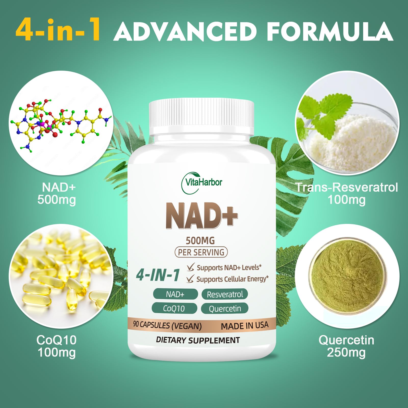 NAD Supplement 500mg, Pure Organic NAD+ Supplement for Women & Men, NAD+ with Trans-Resveratrol & CoQ10 & Quercetin for Cellular Energy & Healthy Aging, NMN Alternative (90 Vegan Caps) VitaHarbor buy supplements canada
