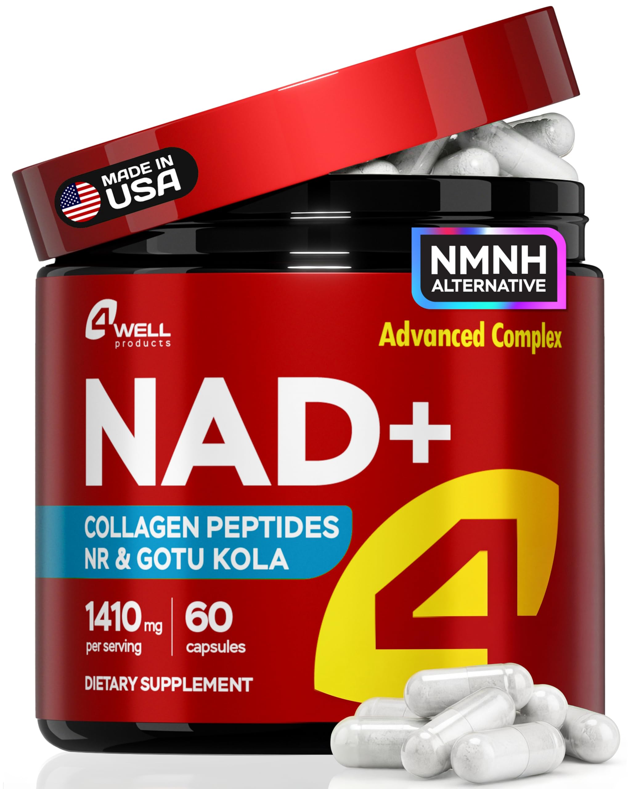 Gotu Kola and NAD Plus Supplement 1400mg - NMNH Supplement Alternative Supports Healthy Aging Complex with Nicotinamide Riboside & Gotu Kola, Collagen - Formula for Energy, Skin & Cognitive, 60 Caps 4Well Products buy supplements canada