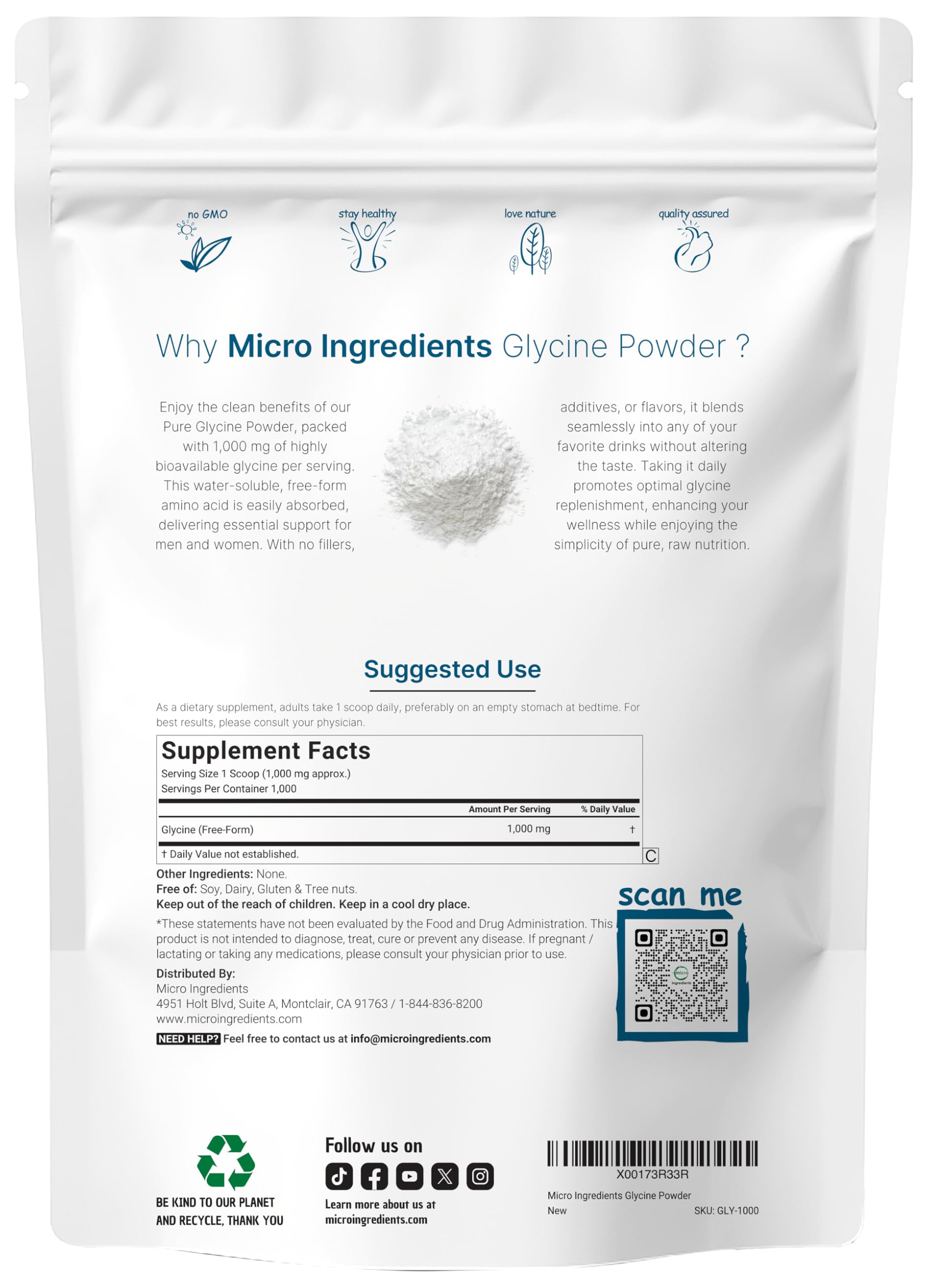 Micro Ingredients Glycine Powder, 1KG (2.2 Pounds), Glycine 1000mg Per Serving, Water Soluble and Products of USA Micro Ingredients buy supplements canada